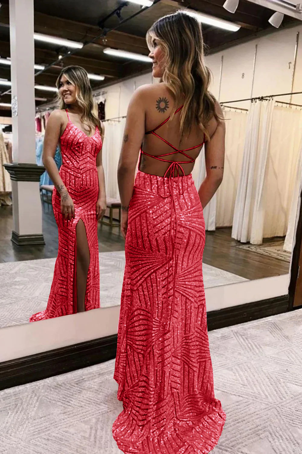 Wholesa Sparkly Open Back Sequins Long Prom Dress with Slit