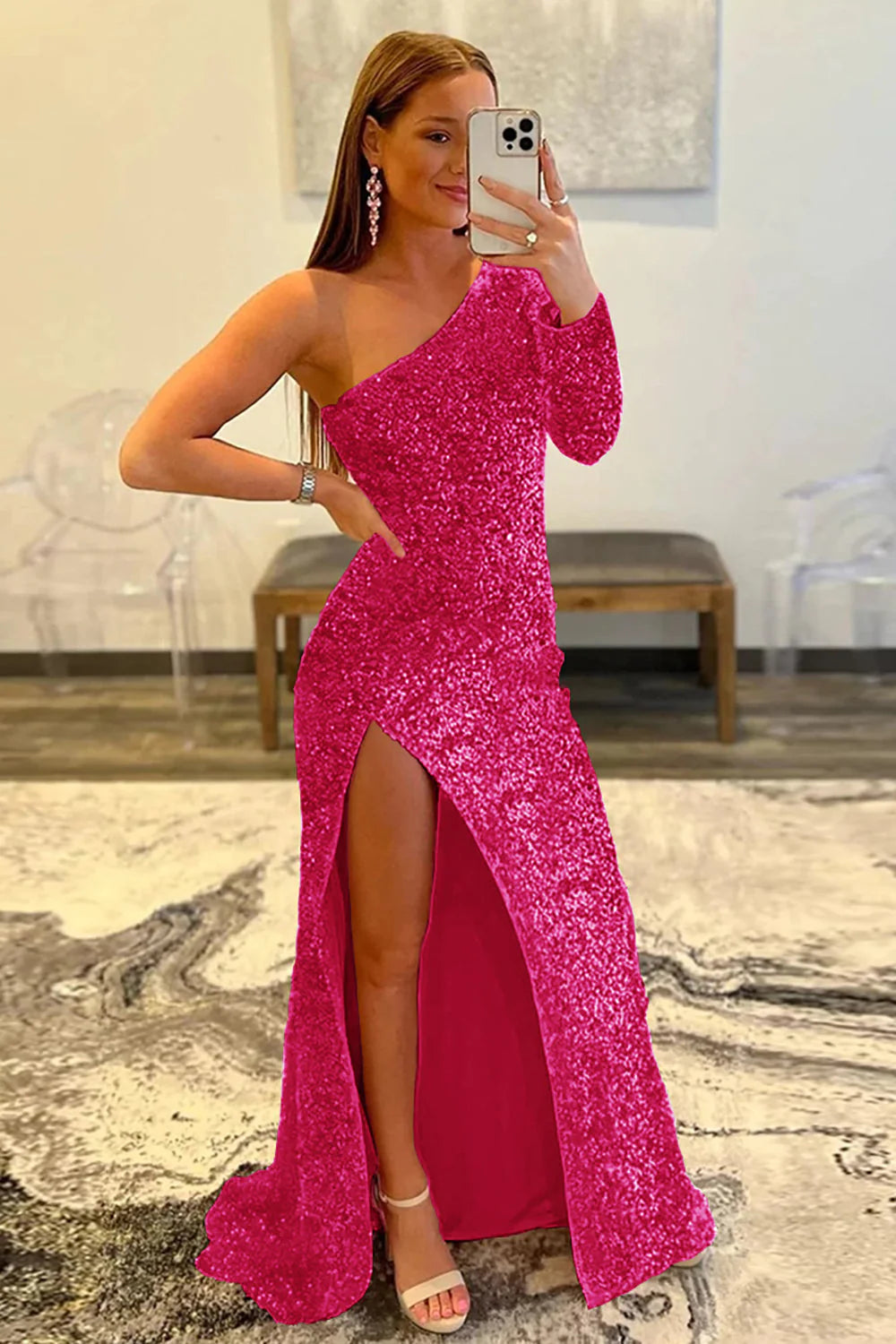 Wholesa Mermaid One-shoulder Sequined Prom Dress with Slit