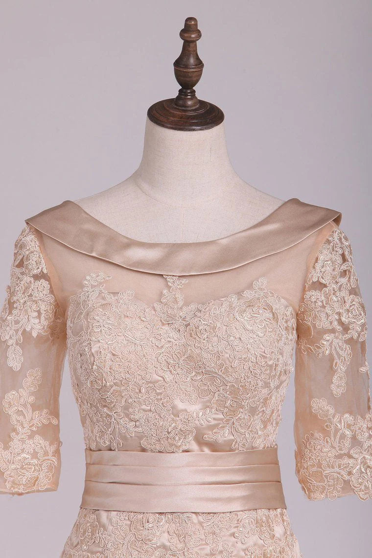 Wholesa Sheath Cowl Neck Half Sleeve Satin Applique Mother Of The Bride Dresses
