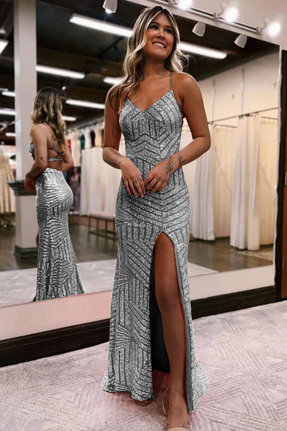 Wholesa Sparkly Open Back Sequins Long Prom Dress with Slit