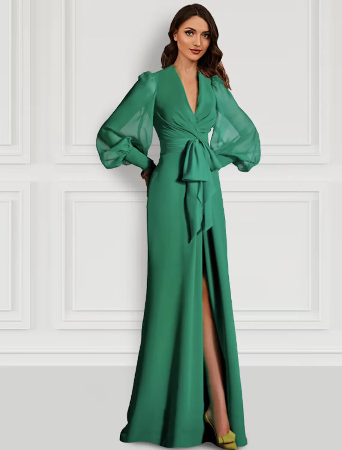 Wholesa Mermaid / Trumpet Evening Gown Elegant Dress Formal Sweep / Brush Train Long Sleeve V Neck Chiffon with Slit Strappy
