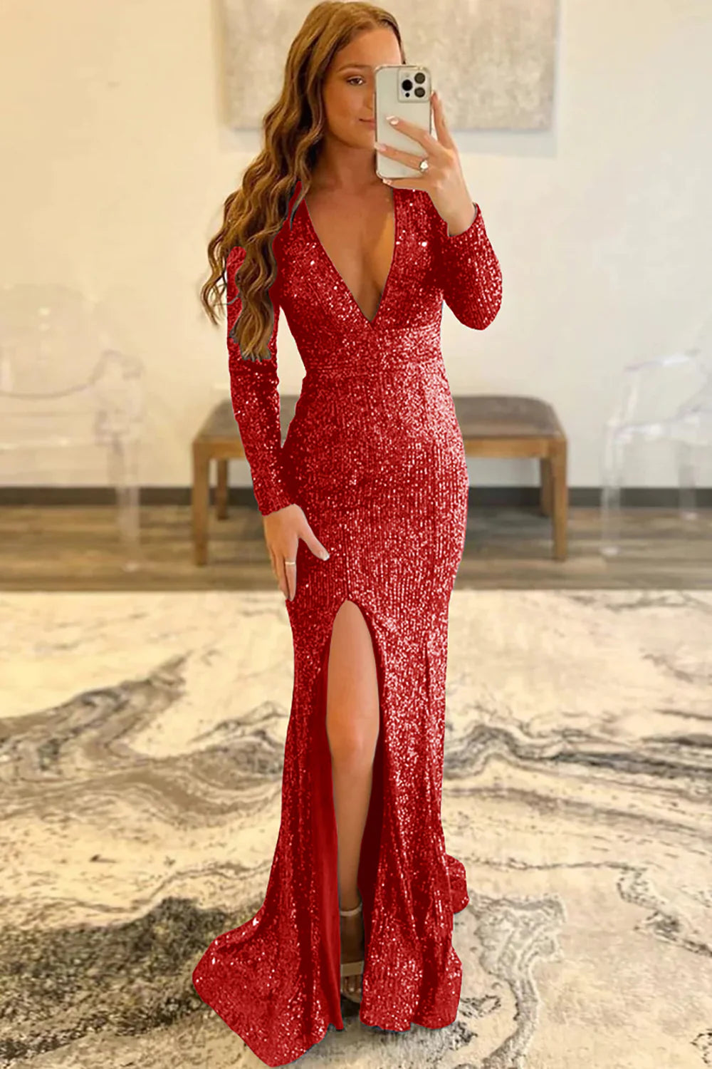 Wholesa Sheath Deep V Neck Sequins Long Prom Dress with Split Front