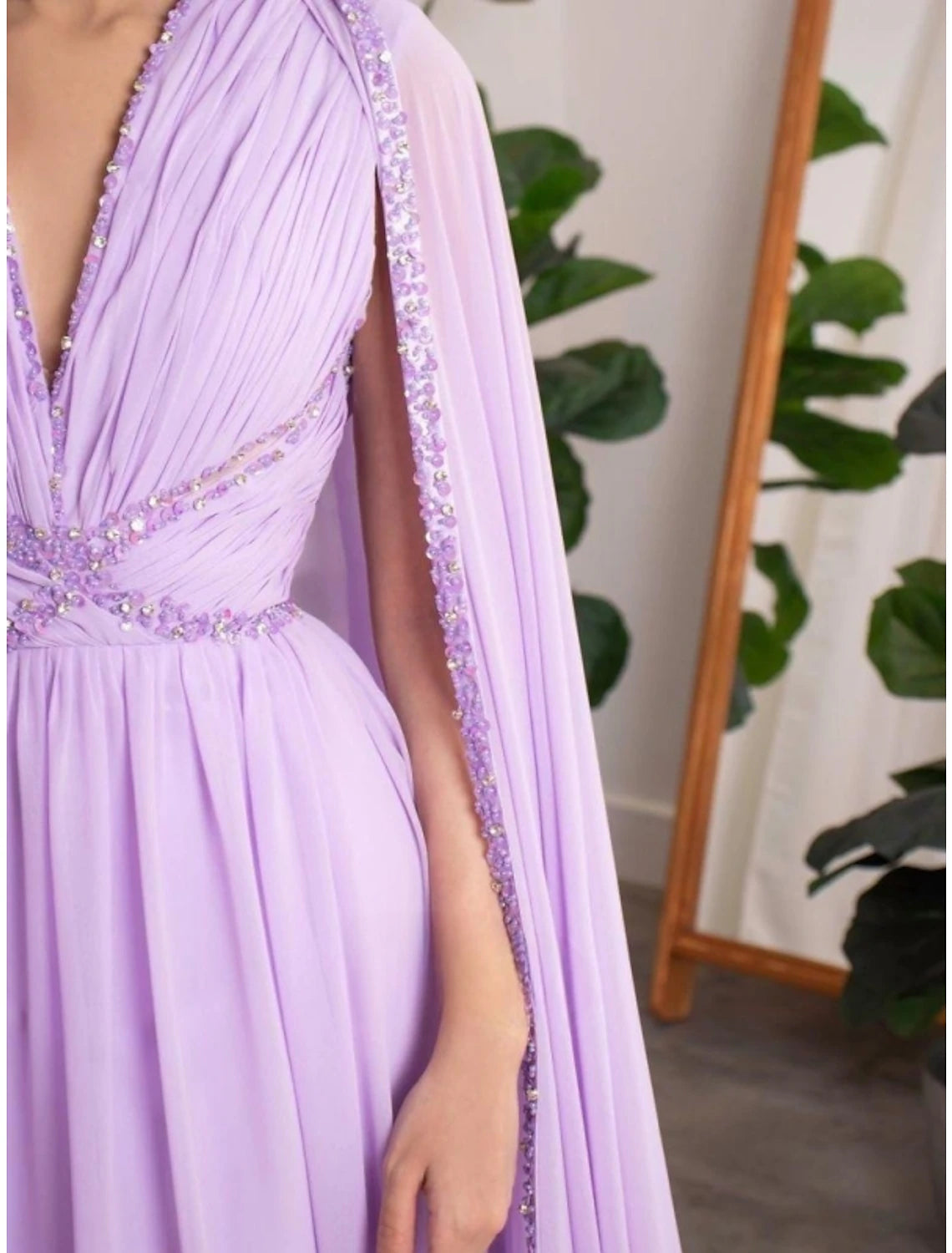 Wholesa A-Line Evening Gown Elegant Dress Formal Fall Court Train Long Sleeve V Neck Chiffon with Pleats Sequin