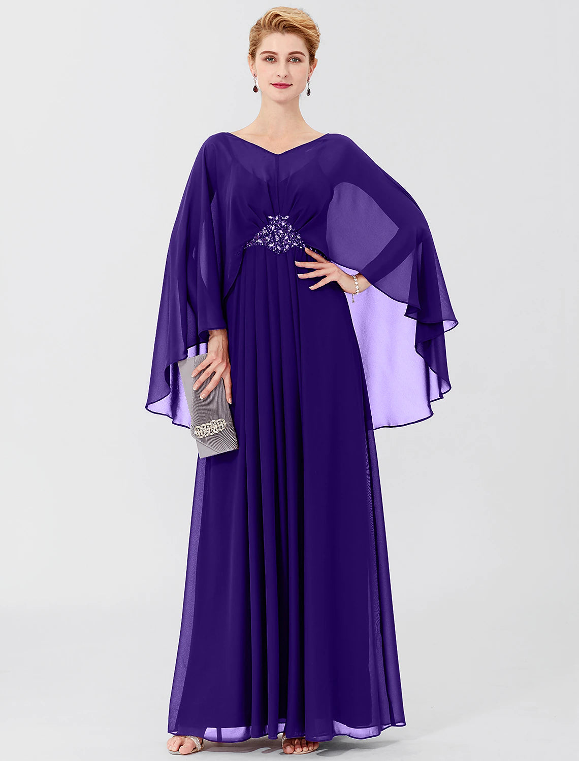 wholesale  Sheath / Column Mother of the Bride Dress Formal Classic & Timeless Elegant & Luxurious Elegant V Neck Floor Length Chiffon Long Sleeve with Pleats Beading