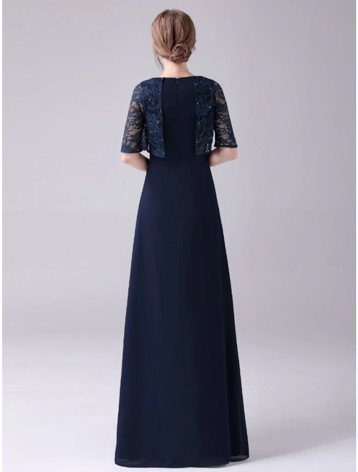 wholesale  A-Line Mother of the Bride Dress Elegant Sweet Jewel Neck Floor Length Chiffon Half Sleeve with Lace Crystals