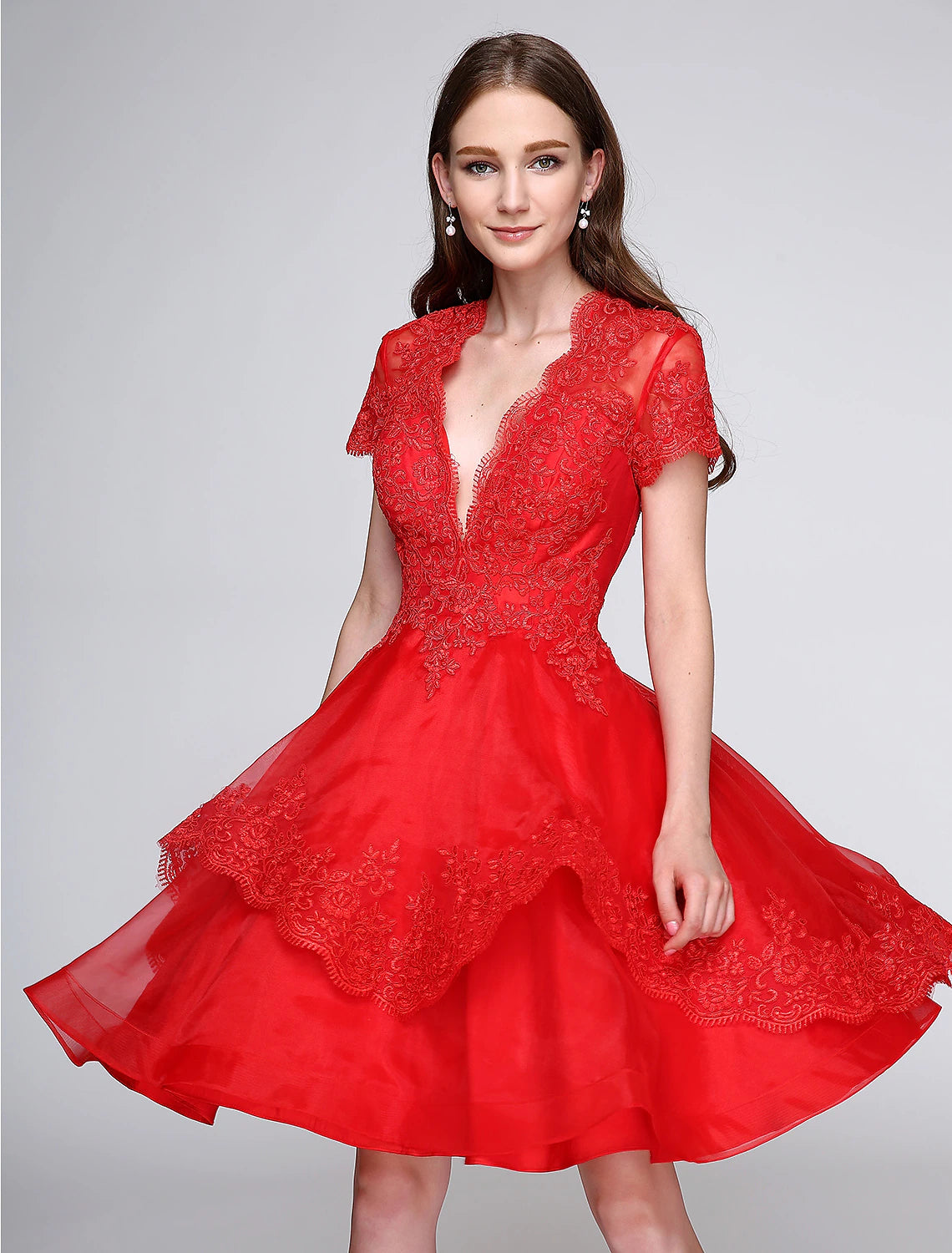 wholesa Ball Gown Cute Dress Cocktail Party Prom Knee Length Short Sleeve Plunging Neck Organza with Buttons Appliques