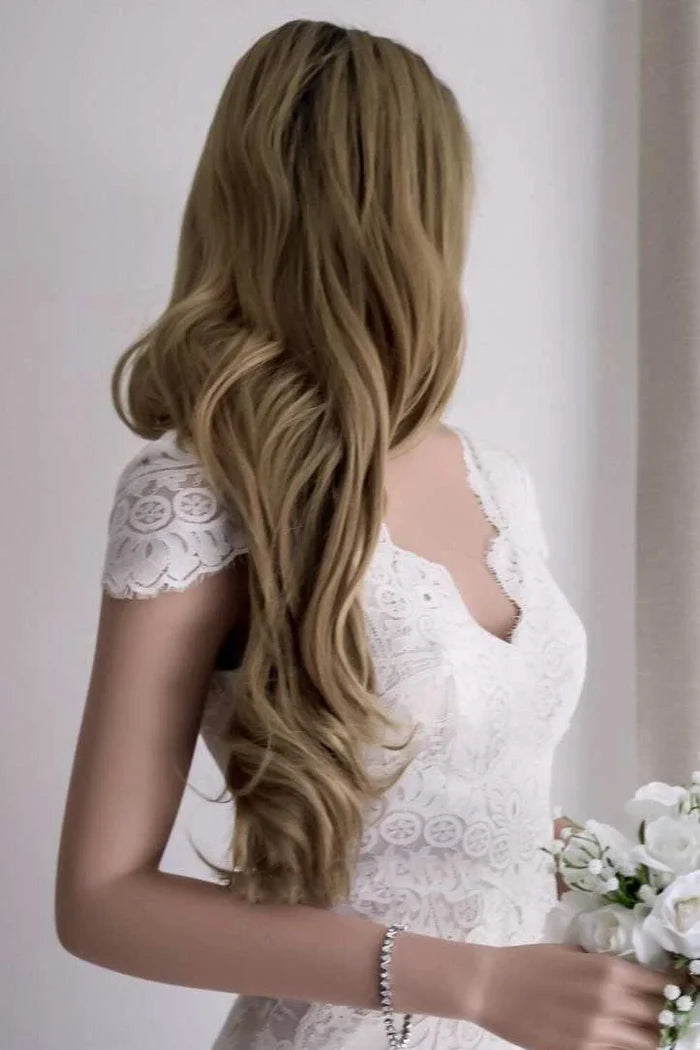 Wholesa Mermaid Cap Sleeve Satin Lace Split Wedding Dress