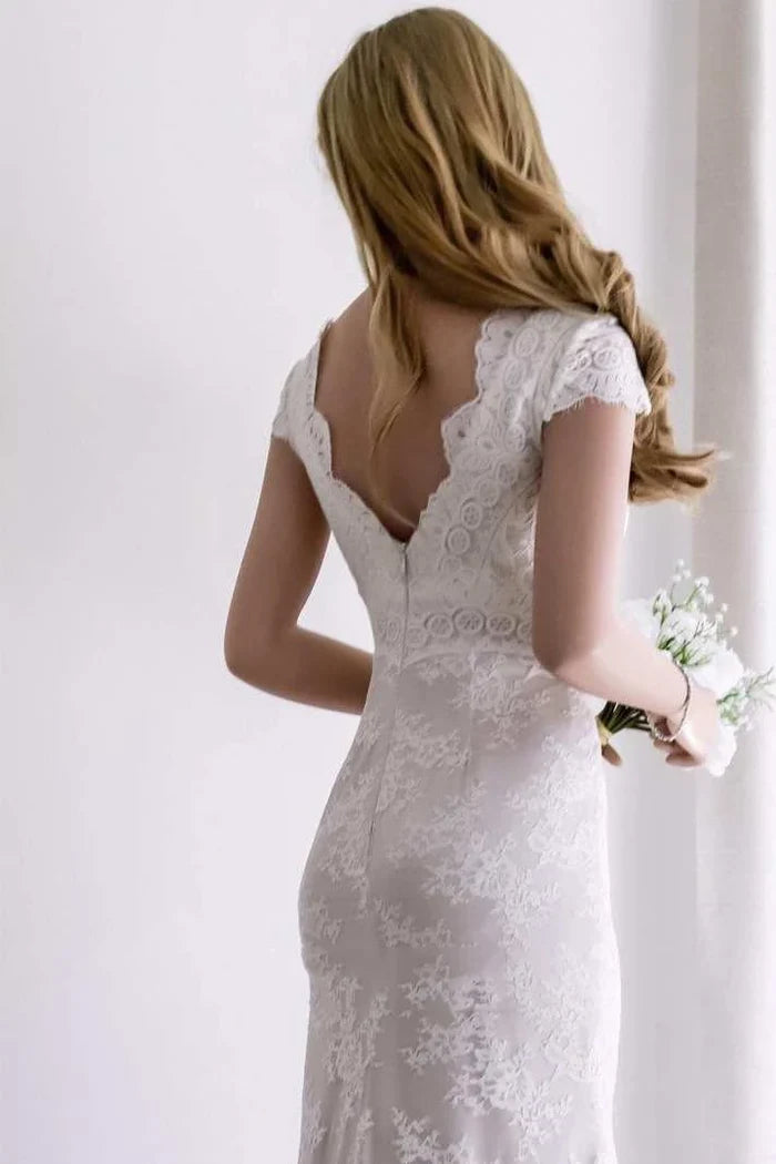 Wholesa Mermaid Cap Sleeve Satin Lace Split Wedding Dress
