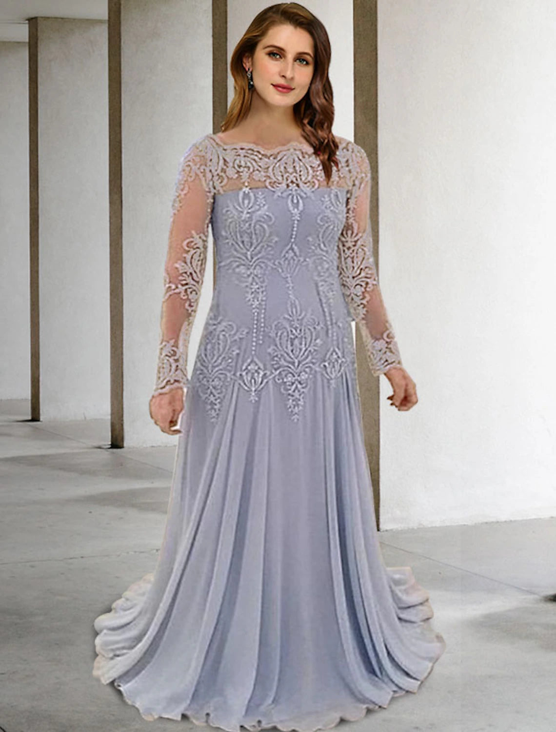 wholesale  Mermaid / Trumpet Mother of the Bride Dresses Plus Size Hide Belly Curve Elegant Dress Formal Sweep / Brush Train Long Sleeve Off Shoulder Chiffon with Pleats Appliques