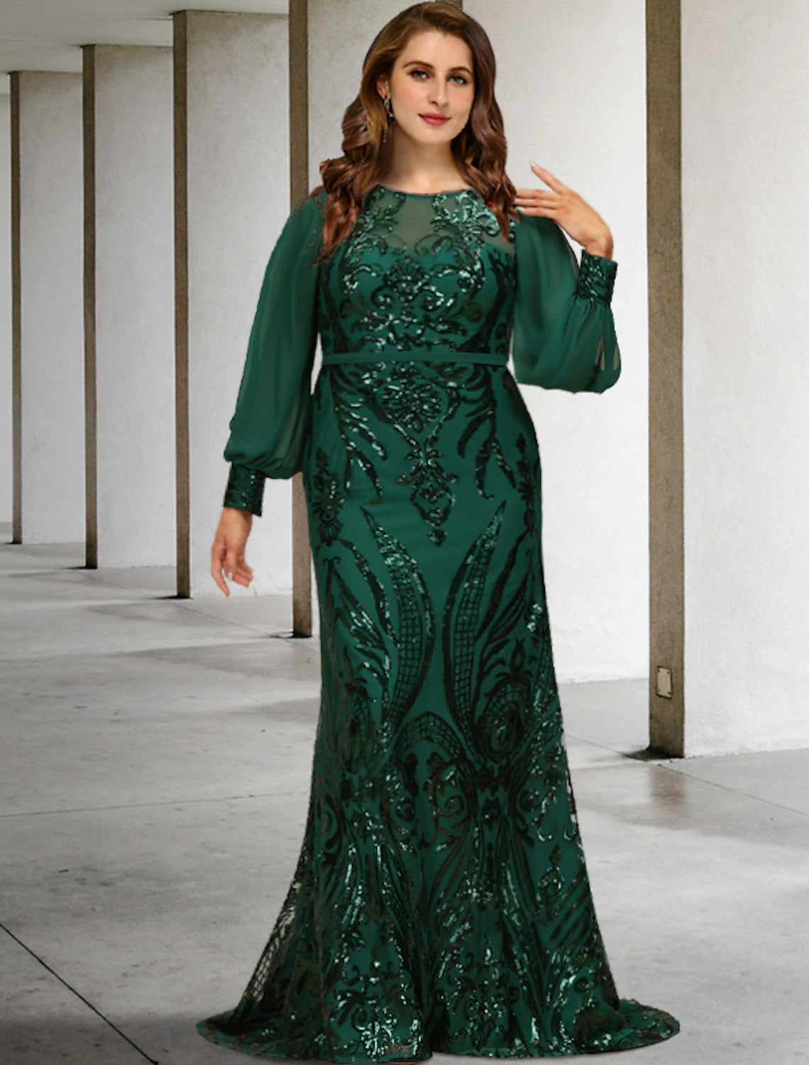 wholesale  Mermaid / Trumpet Mother of the Bride Dresses Plus Size Hide Belly Curve Elegant Dress Formal Sweep / Brush Train Long Sleeve Jewel Neck Chiffon with Sequin