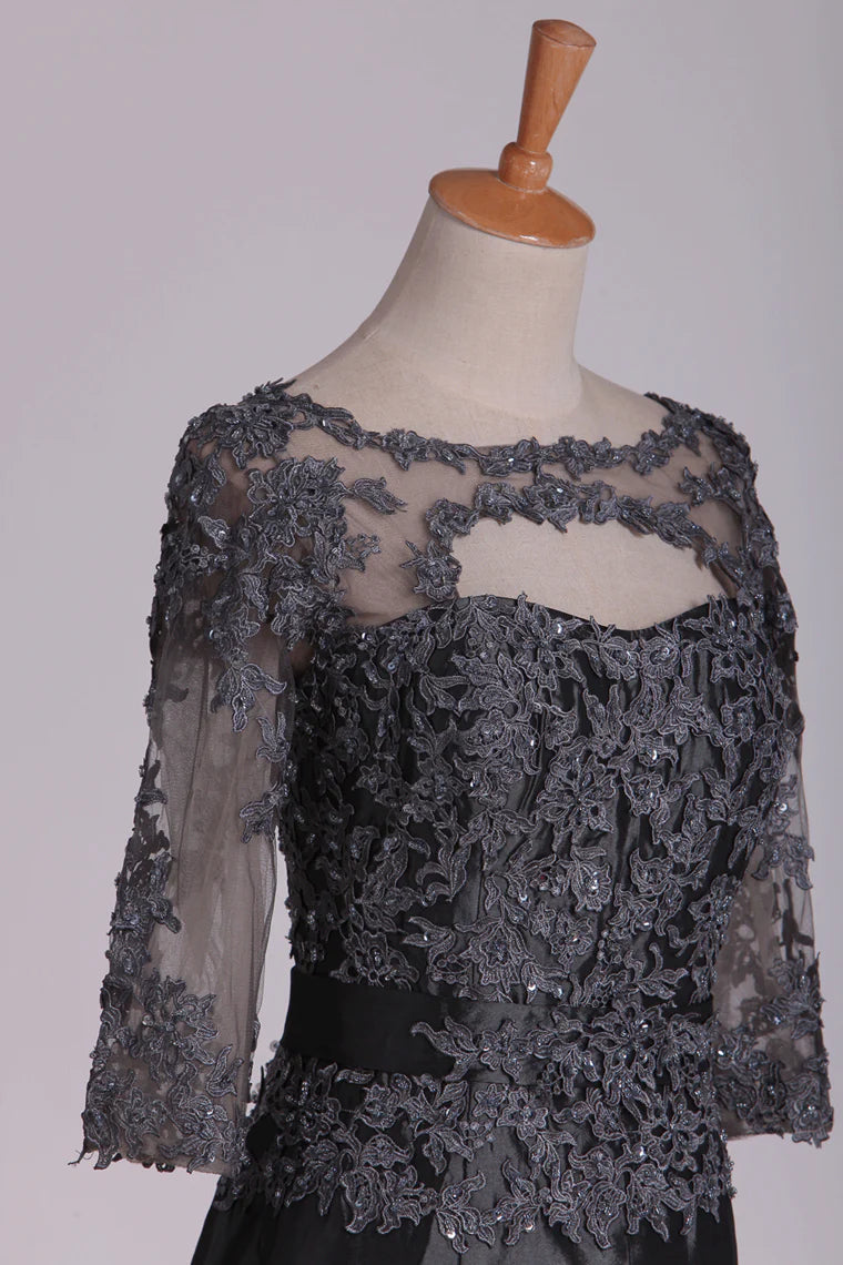 Wholesa Sleeves 3/4 Length Applique Sash Satin Mother Of The Bride Dresses