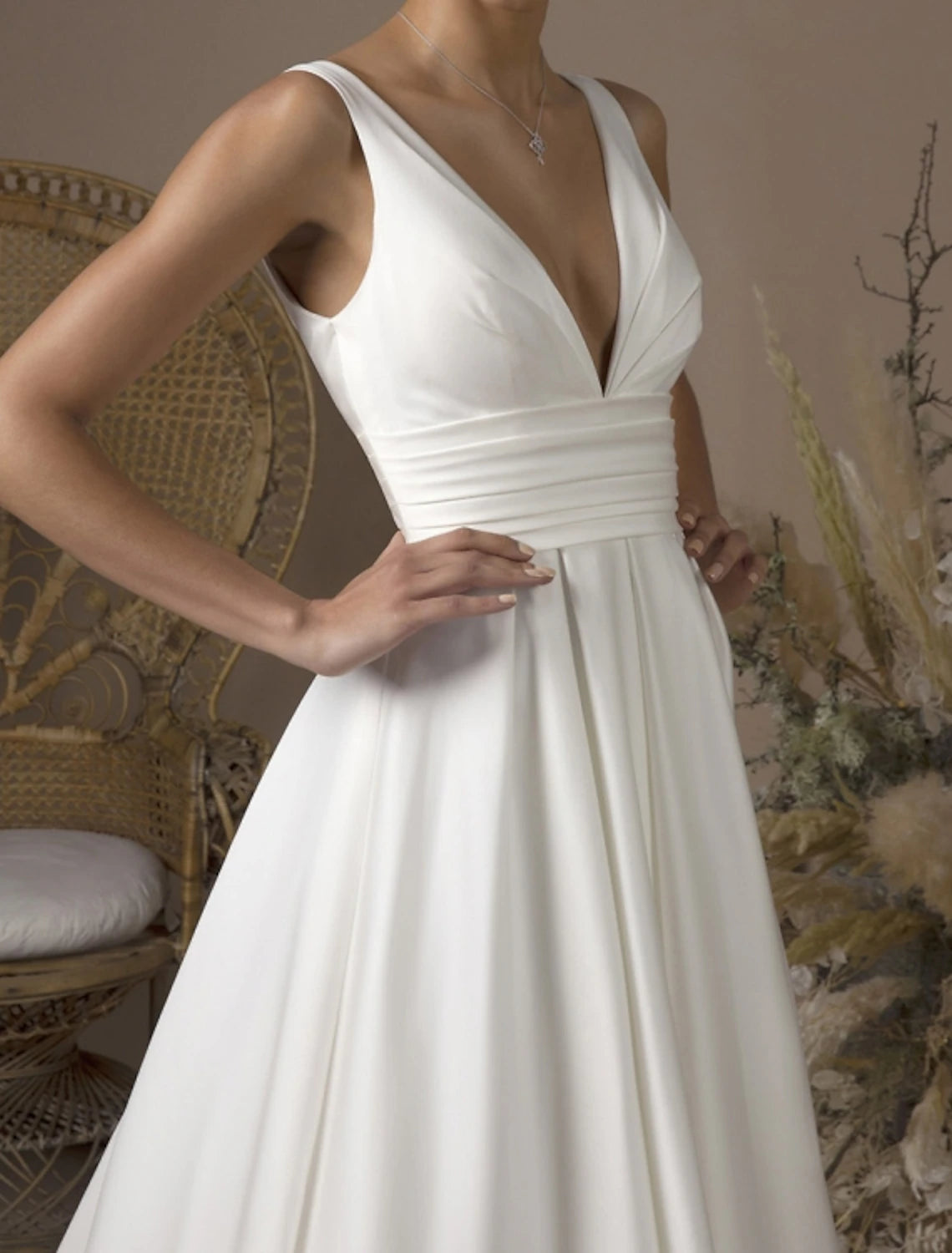 Wholesa Hall Simple Wedding Dresses A-Line V Neck Sleeveless Sweep / Brush Train Satin Bridal Gowns With Pleats