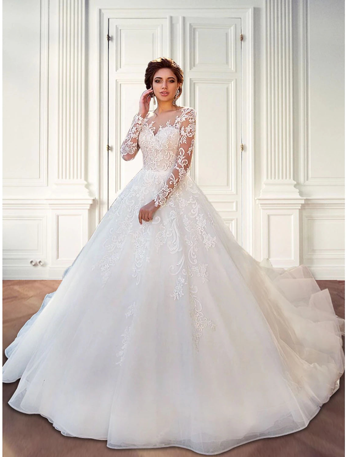 wholesale  Engagement Formal Fall Wedding Dresses Ball Gown Illusion Neck Long Sleeve Court Train Lace Bridal Gowns With Lace Appliques Summer Wedding Party