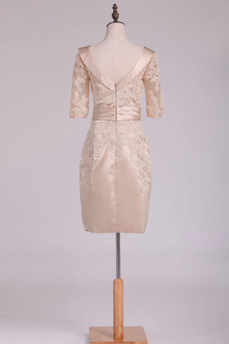 Wholesa Sheath Cowl Neck Half Sleeve Satin Applique Mother Of The Bride Dresses