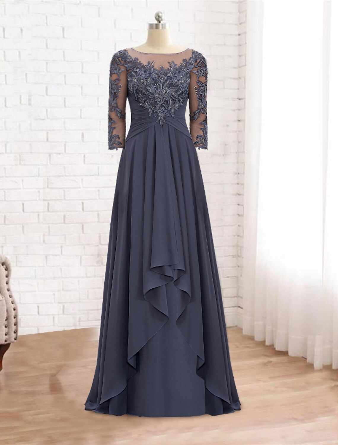 wholesale  A-Line Mother of the Bride Dress Elegant V Neck Floor Length Chiffon Lace 3/4 Length Sleeve with Ruffles Appliques