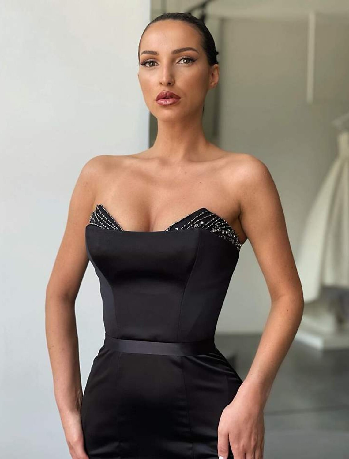 Wholesa Mermaid / Trumpet Evening Gown Sexy Dress Formal Wedding Guest Floor Length Sleeveless Strapless Satin Backless with Beading