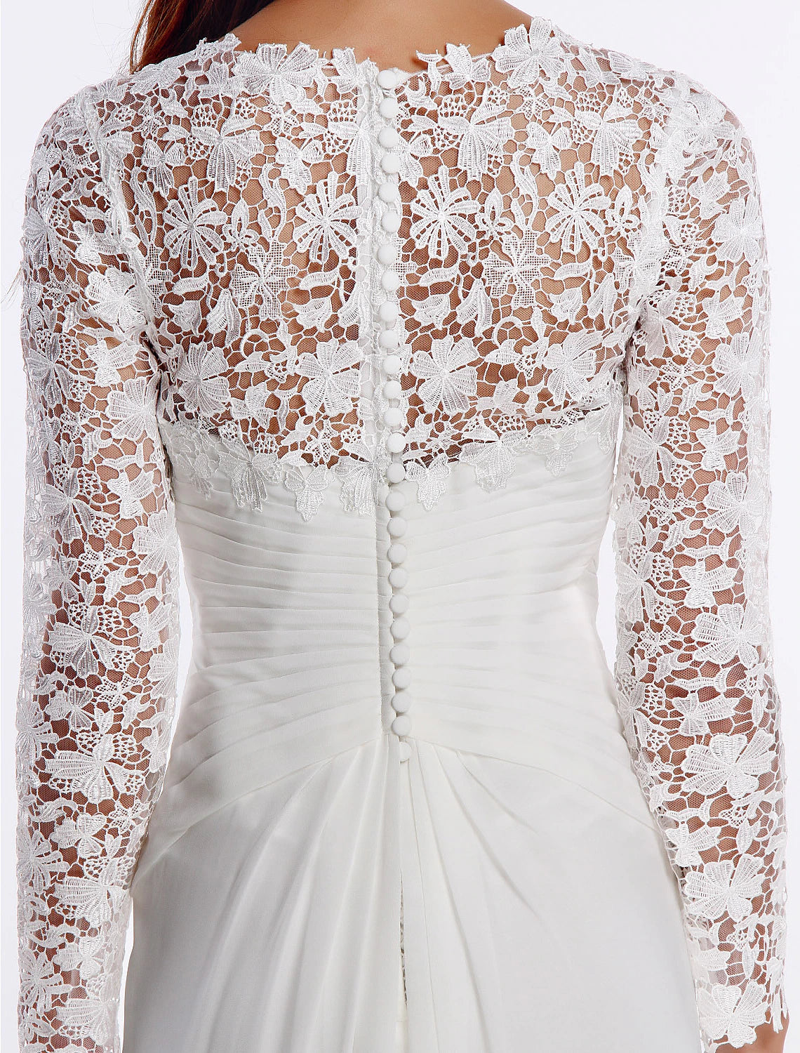 wholesale  Beach Boho Wedding Dresses Sheath / Column V Neck Long Sleeve Sweep / Brush Train Chiffon Bridal Gowns With Lace Buttons