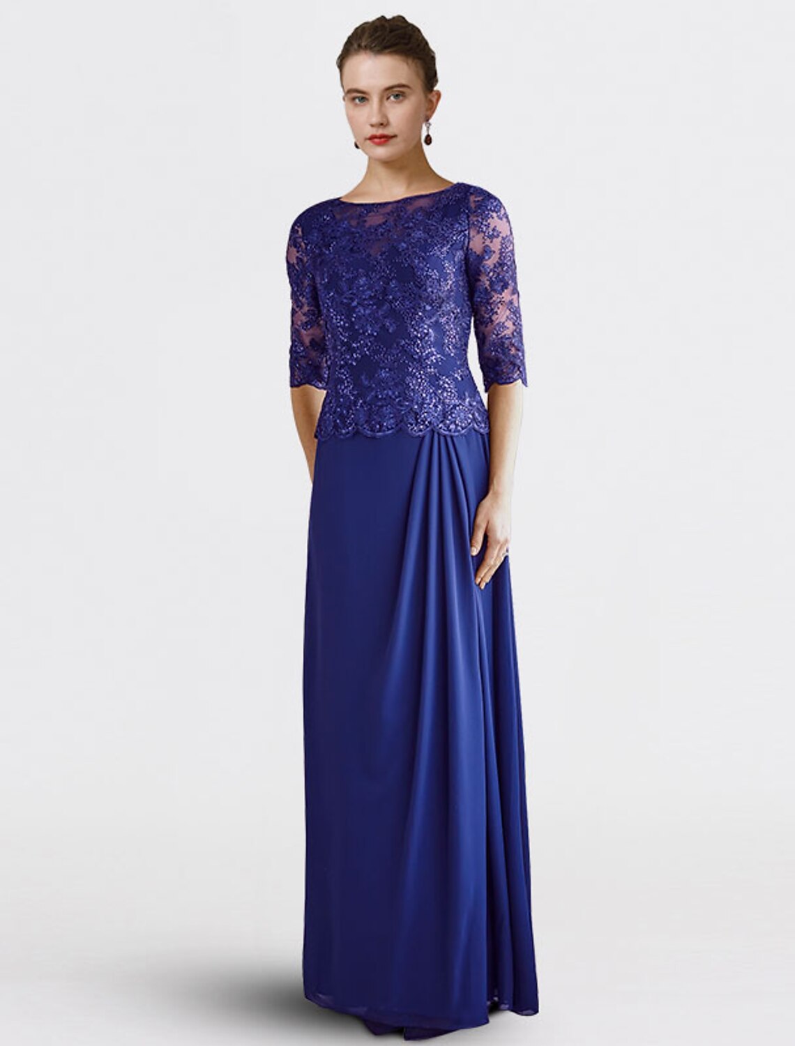 wholesale  Sheath / Column Mother of the Bride Dress Plus Size Elegant Jewel Neck Floor Length Chiffon Lace Half Sleeve with Sequin Appliques