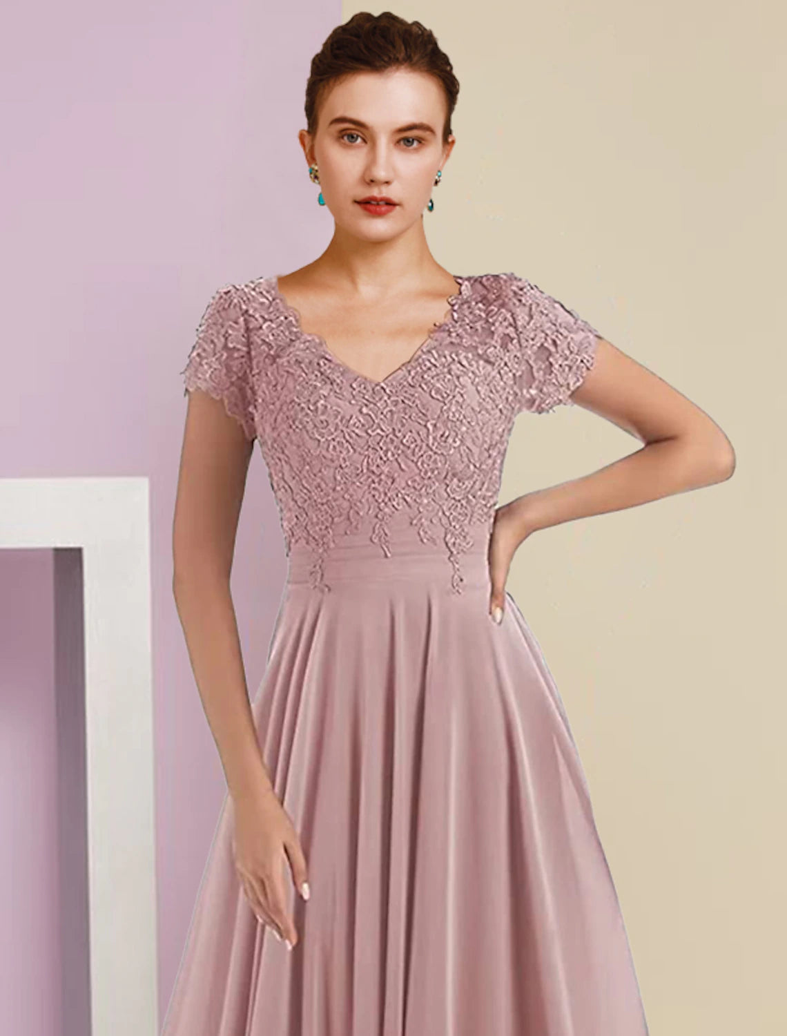 wholesale  Two Piece A-Line Mother of the Bride Dress Formal Wedding Guest Elegant V Neck Sweep / Brush Train Chiffon Lace 3/4 Length Sleeve Wrap Included with Pleats Appliques