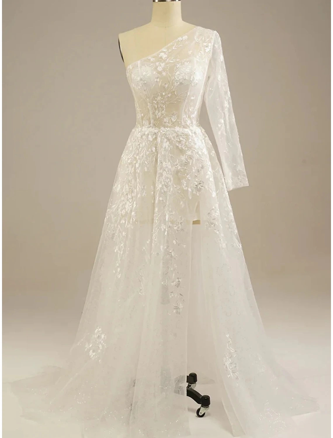 wholesale  Beach Sexy Boho Wedding Dresses A-Line One Shoulder Long Sleeve Sweep / Brush Train Lace Bridal Gowns With Split Front