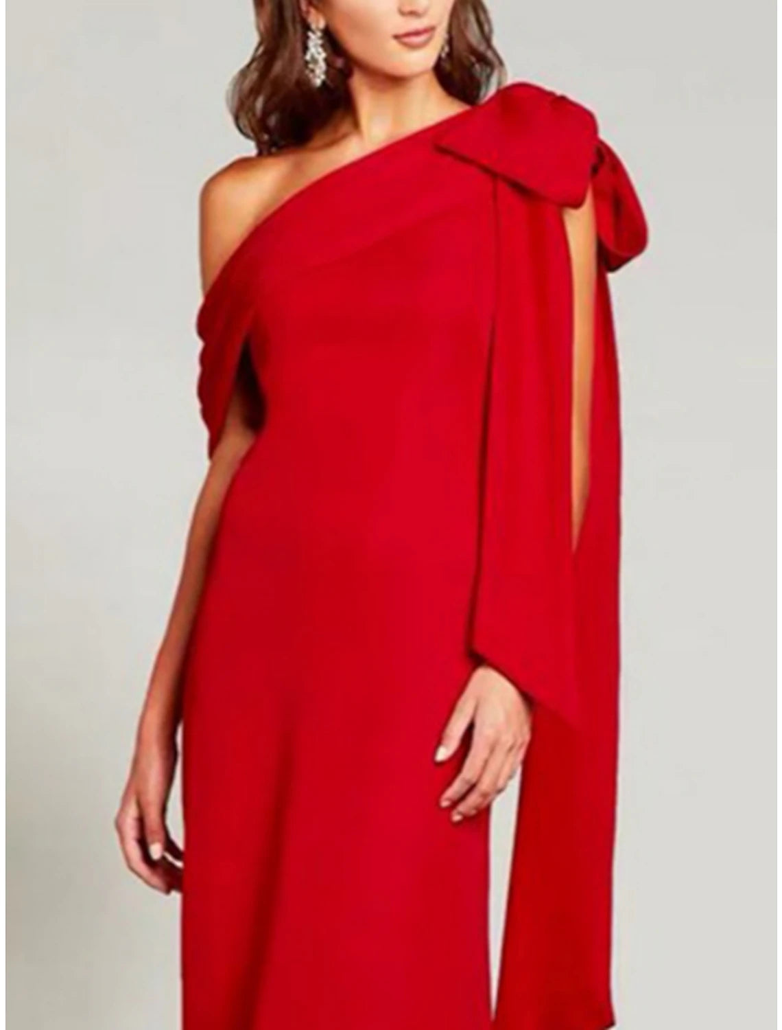 Wholesa Sheath / Column Evening Gown Elegant Dress Formal Sweep / Brush Train Christmas Red Green Dress Short Sleeve One Shoulder Charmeuse with Bow(s) Pleats Slit
