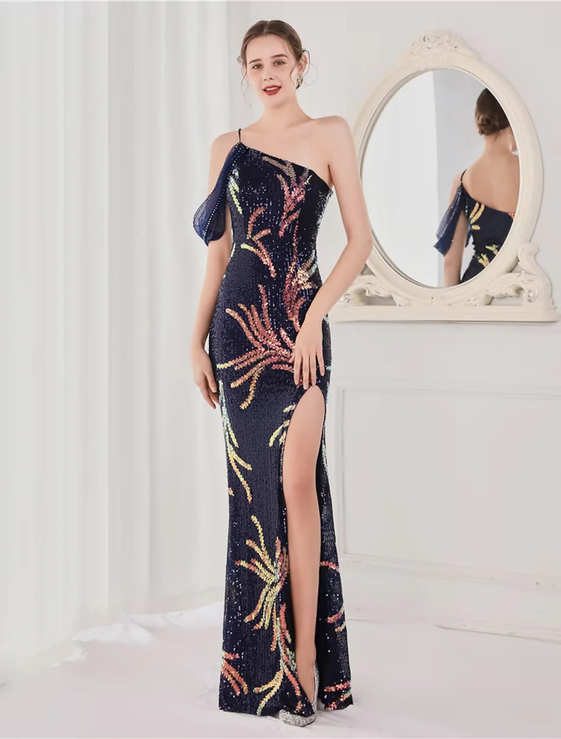 Wholesa Mermaid / Trumpet Evening Gown Elegant Dress Wedding Guest Floor Length Sleeveless Spaghetti Strap Sequined V Back with Sequin Slit