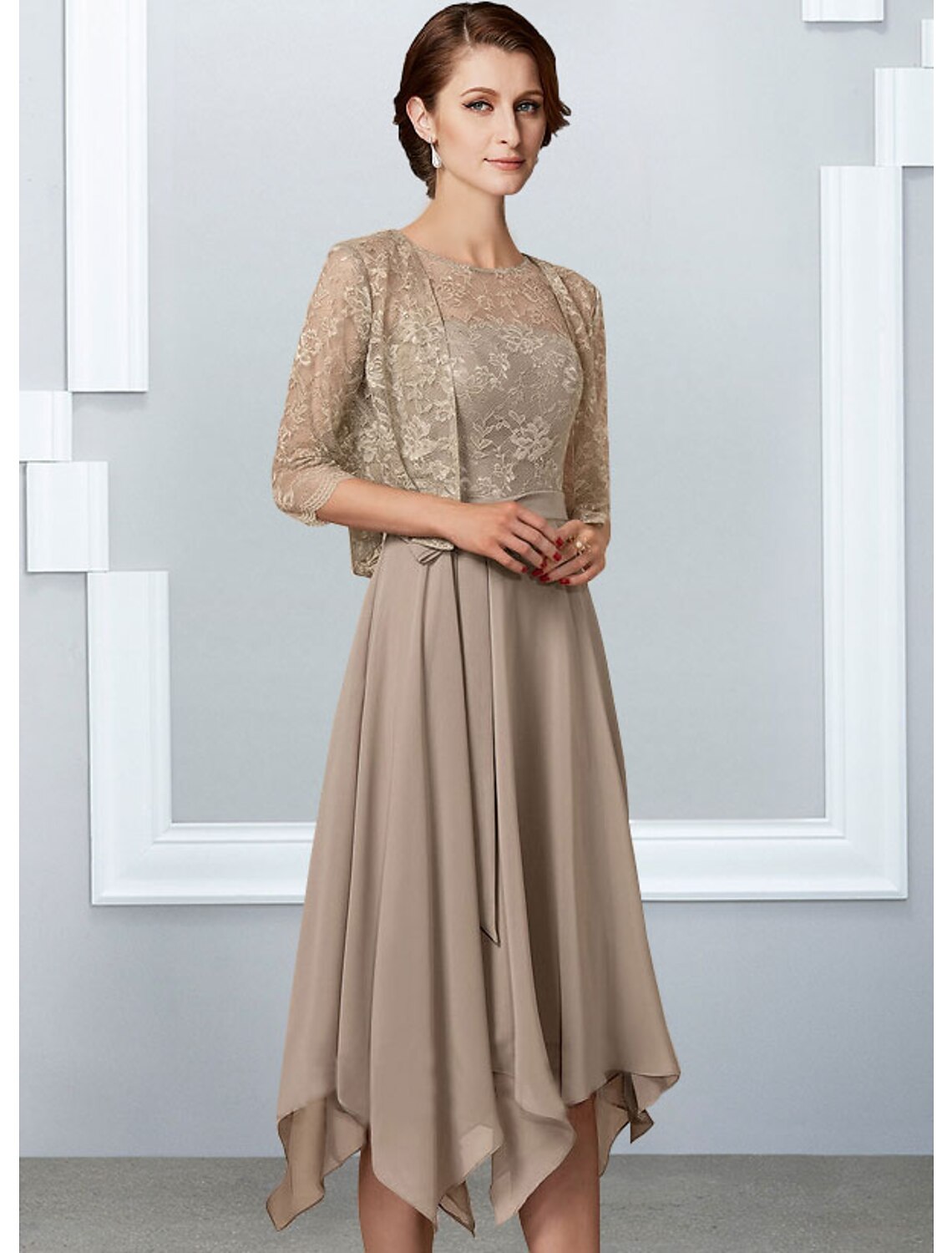 wholesale  A-Line Mother of the Bride Dress Elegant Jewel Neck Tea Length Chiffon Lace Half Sleeve with Pleats