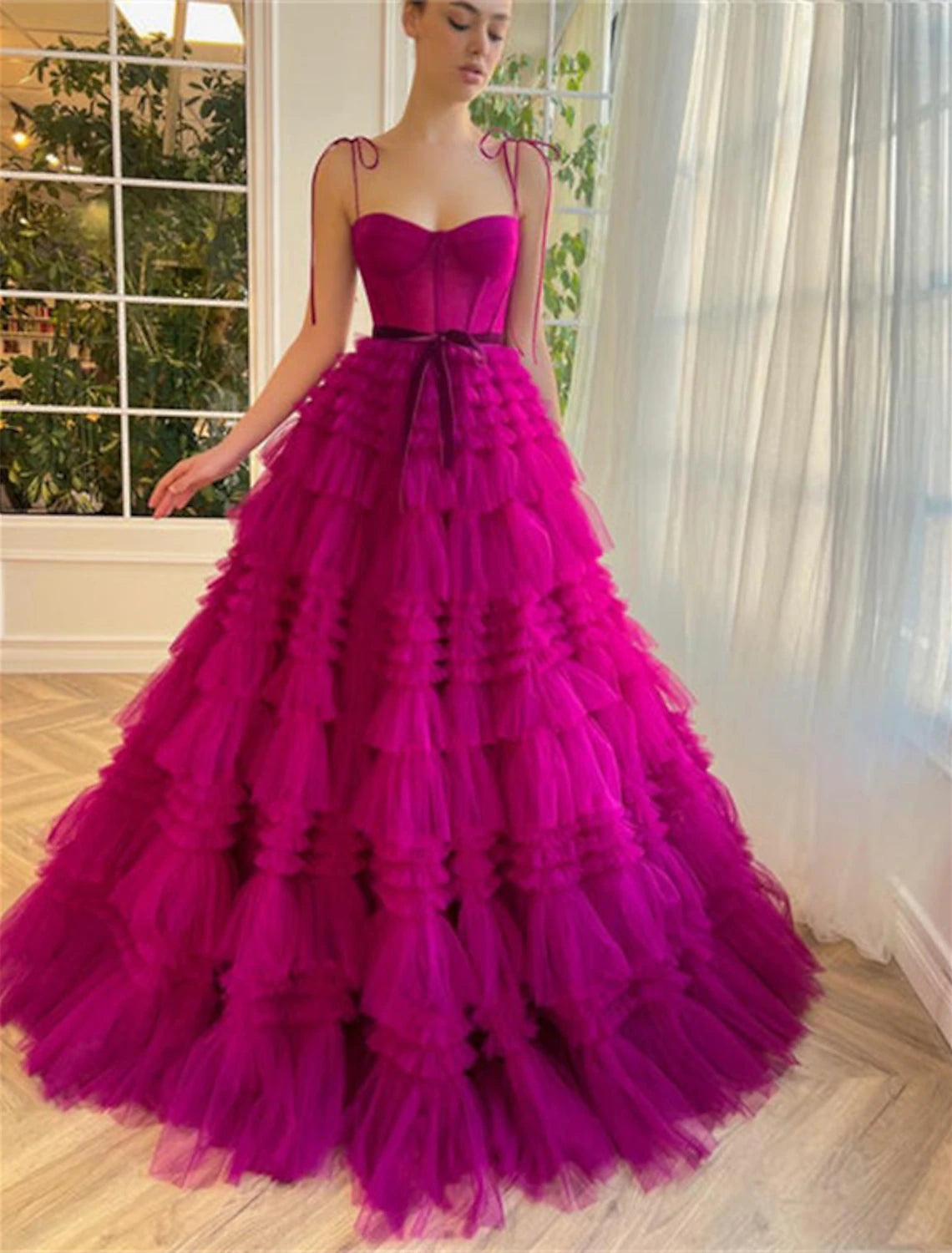 Wholesa  Ball Gown Evening Gown Puffy Dress Wedding Party Birthday Floor Length Sleeveless Spaghetti Strap Tulle with Ruffles Strappy