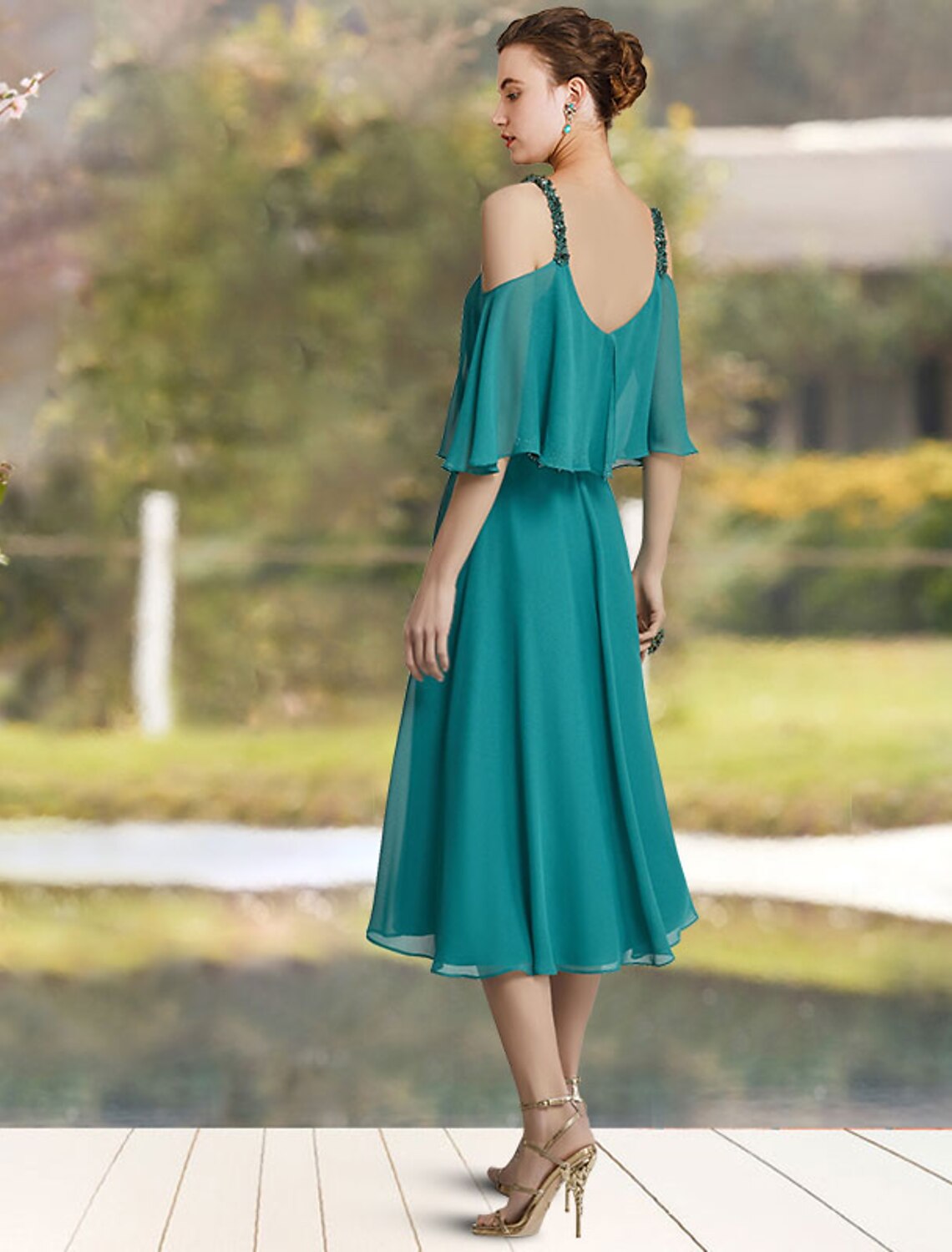 wholesale  A-Line Mother of the Bride Dress Elegant Sweet V Neck Tea Length Chiffon Sleeveless with Sash / Ribbon Beading