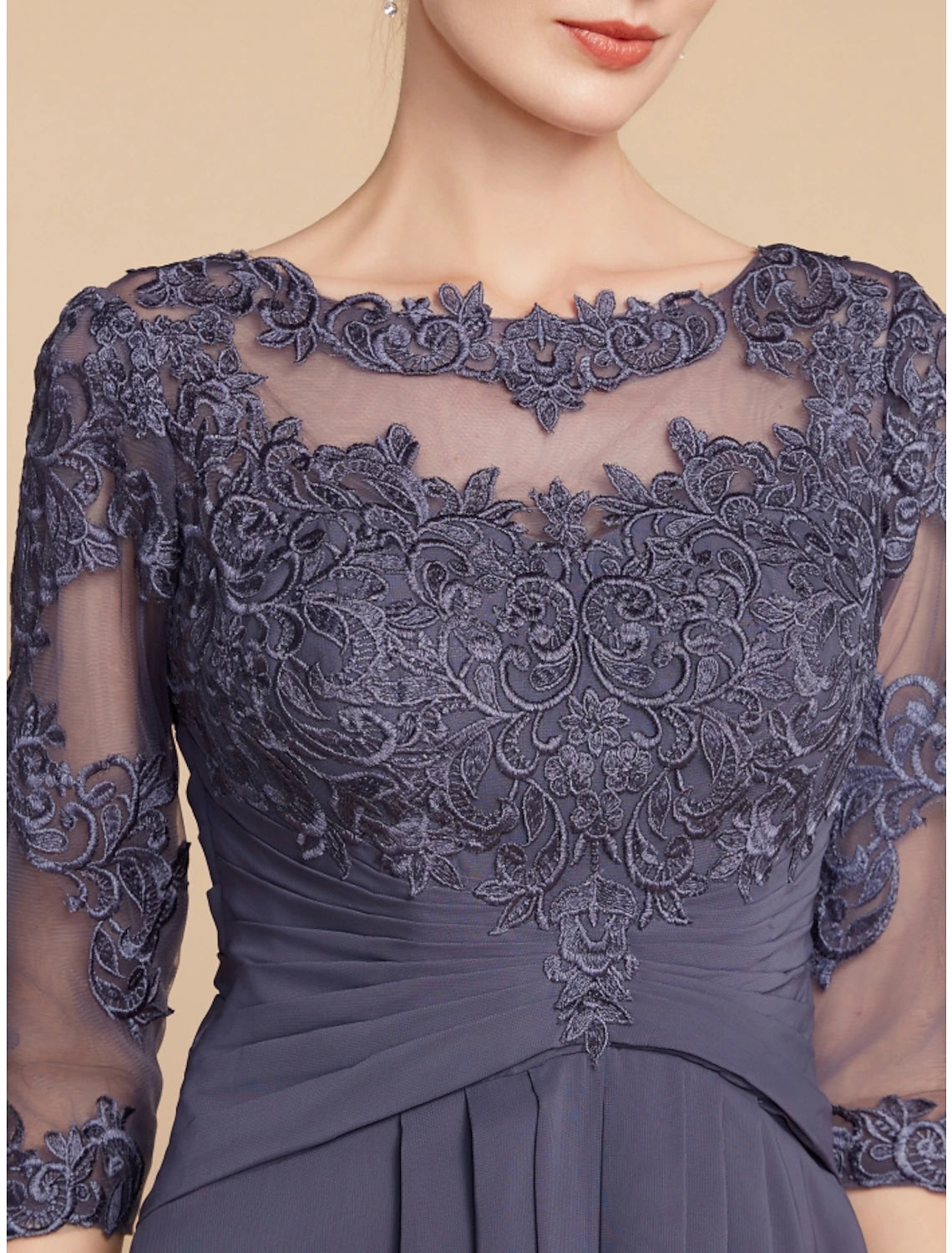 Wholesa  A-Line Mother of the Bride Dress Wedding Guest Elegant Scoop Neck Ankle Length Chiffon Lace 3/4 Length Sleeve with Ruching Solid Color
