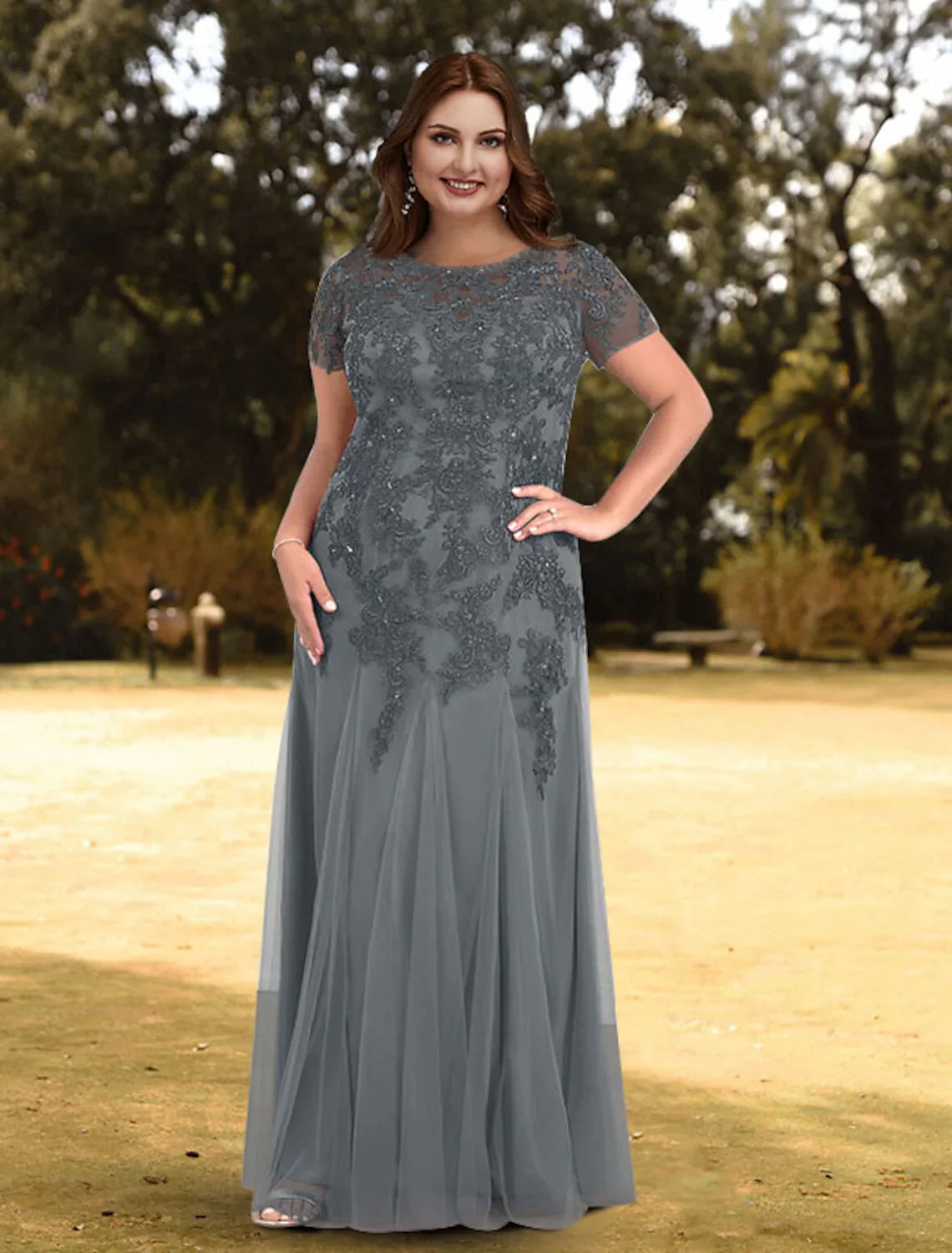 Wholesa A-Line Evening Gown Elegant Dress Wedding Guest Floor Length Short Sleeve Jewel Neck Lace with Pleats Pure Color