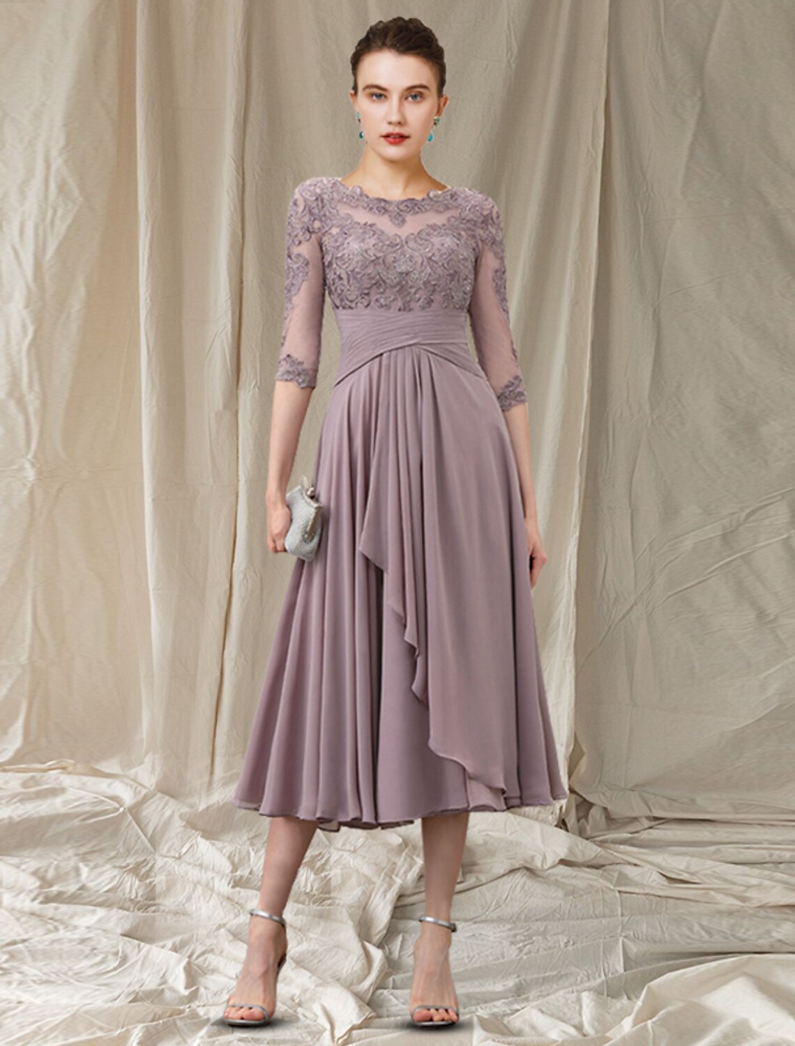 wholesale  A-Line Mother of the Bride Dress Elegant Jewel Neck Tea Length Chiffon Lace Half Sleeve with Pleats Ruched Beading