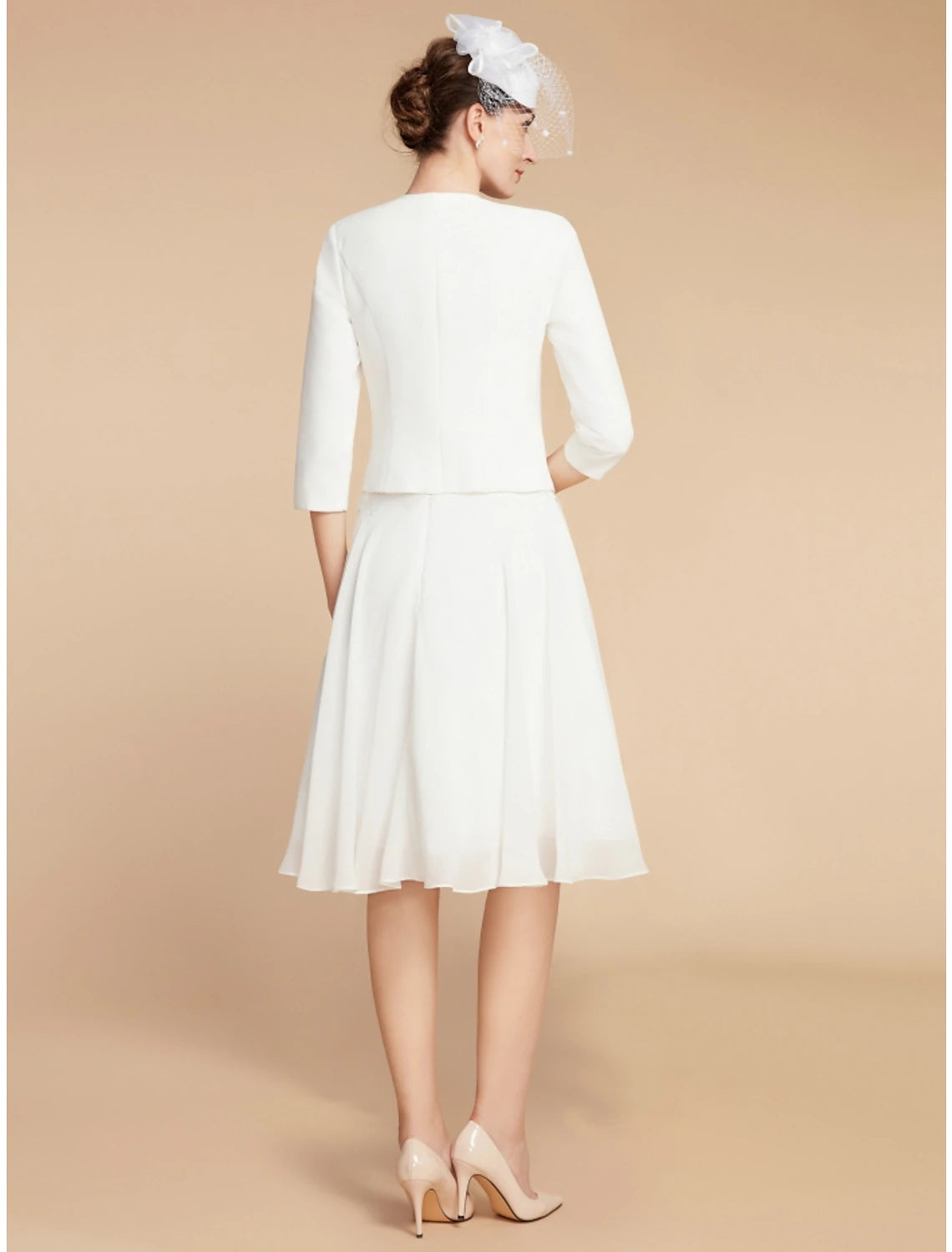 Wholesa Two Piece A-Line Mother of the Bride Dress Wedding Guest Elegant Petite Jewel Neck Knee Length Chiffon Lace 3/4 Length Sleeve with Pleats Solid Color