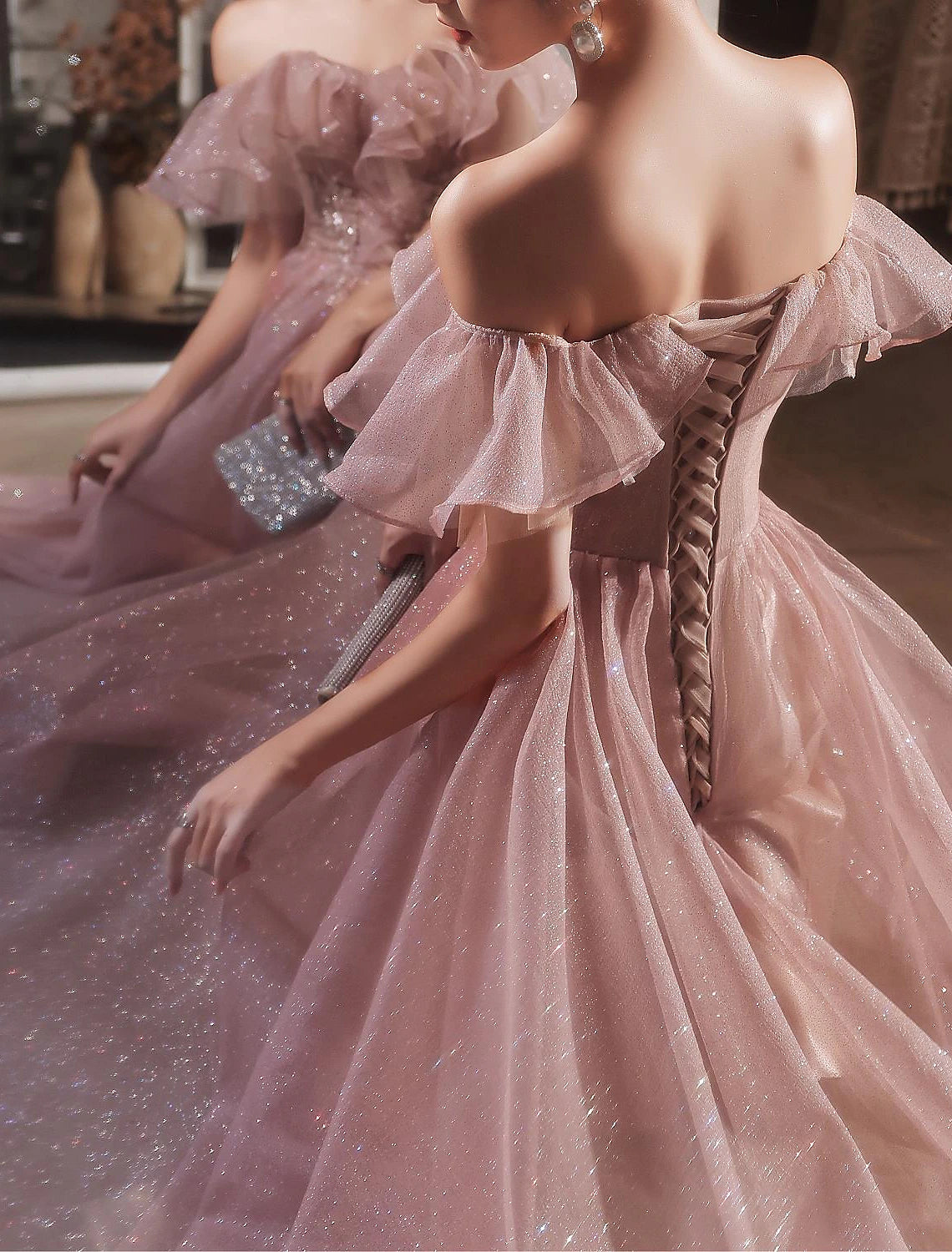 Wholesa A-Line Beautiful Back Elegant Prom Formal Evening Birthday Dress Off Shoulder Short Sleeve Floor Length Lace with Appliques