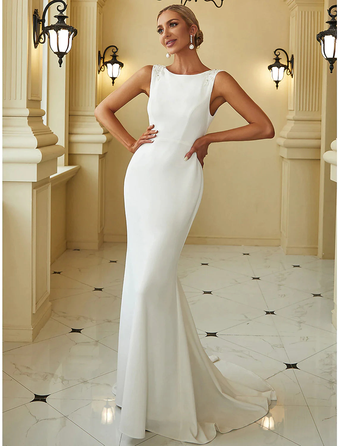 Wholesa Reception Casual Wedding Dresses Mermaid / Trumpet Scoop Neck Sleeveless Sweep / Brush Train Stretch Fabric Bridal Gowns With Beading Solid Color