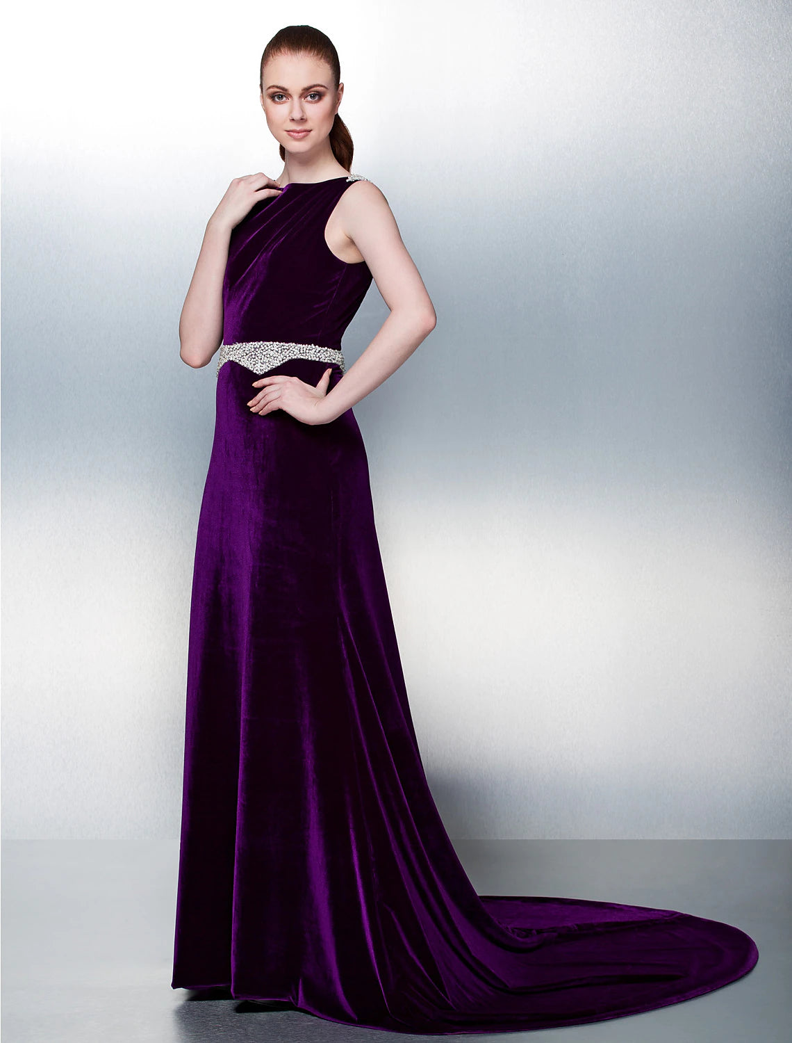 Wholesa A-Line Open Back Formal Evening Dress Bateau Neck Sleeveless Court Train Velvet with Sash / Ribbon Pearls Beading