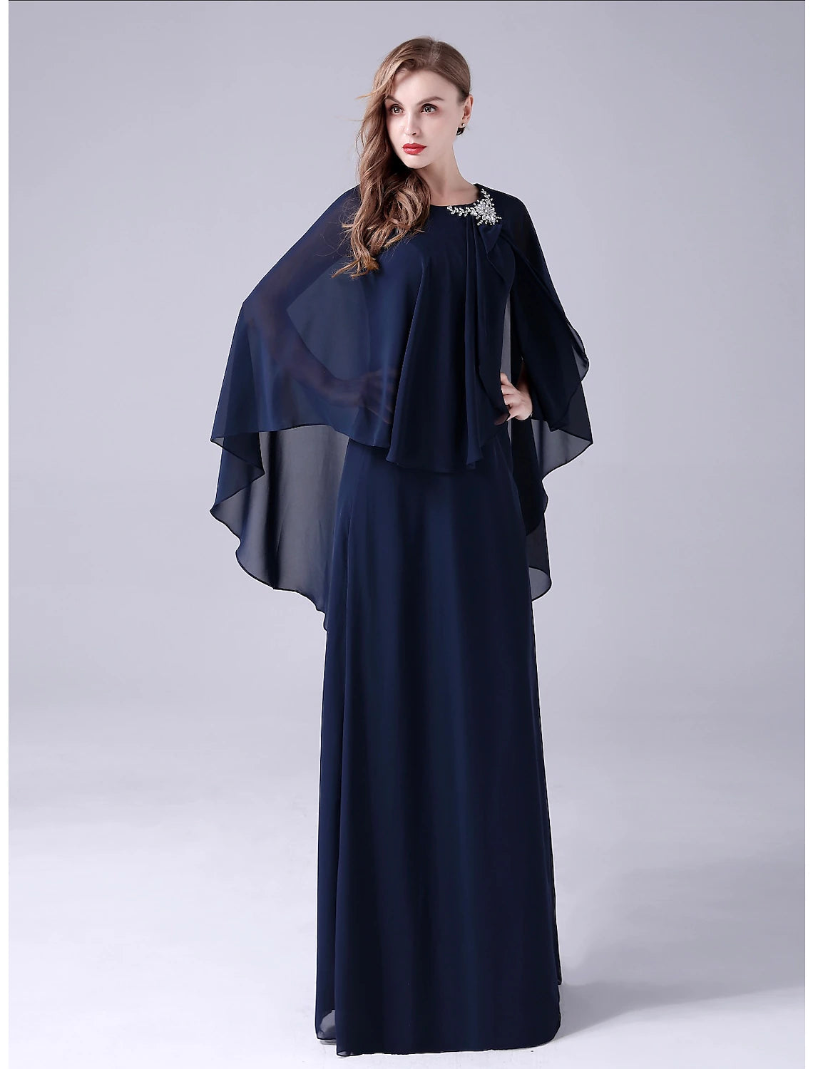 wholesale  A-Line Mother of the Bride Dress Elegant Sweet Jewel Neck Floor Length Chiffon Sleeveless with Crystals Draping