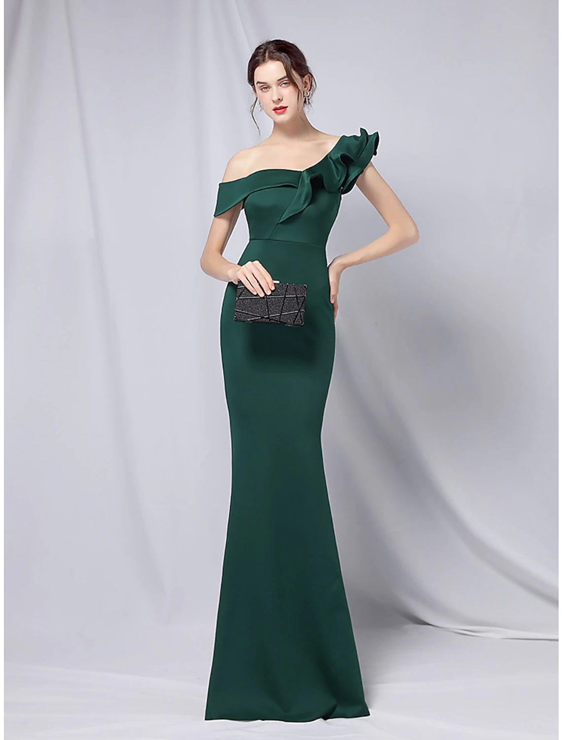 Wholesa Mermaid / Trumpet Evening Gown Empire Dress Wedding Guest Formal Evening Floor Length Short Sleeve One Shoulder Stretch Satin with Ruffles