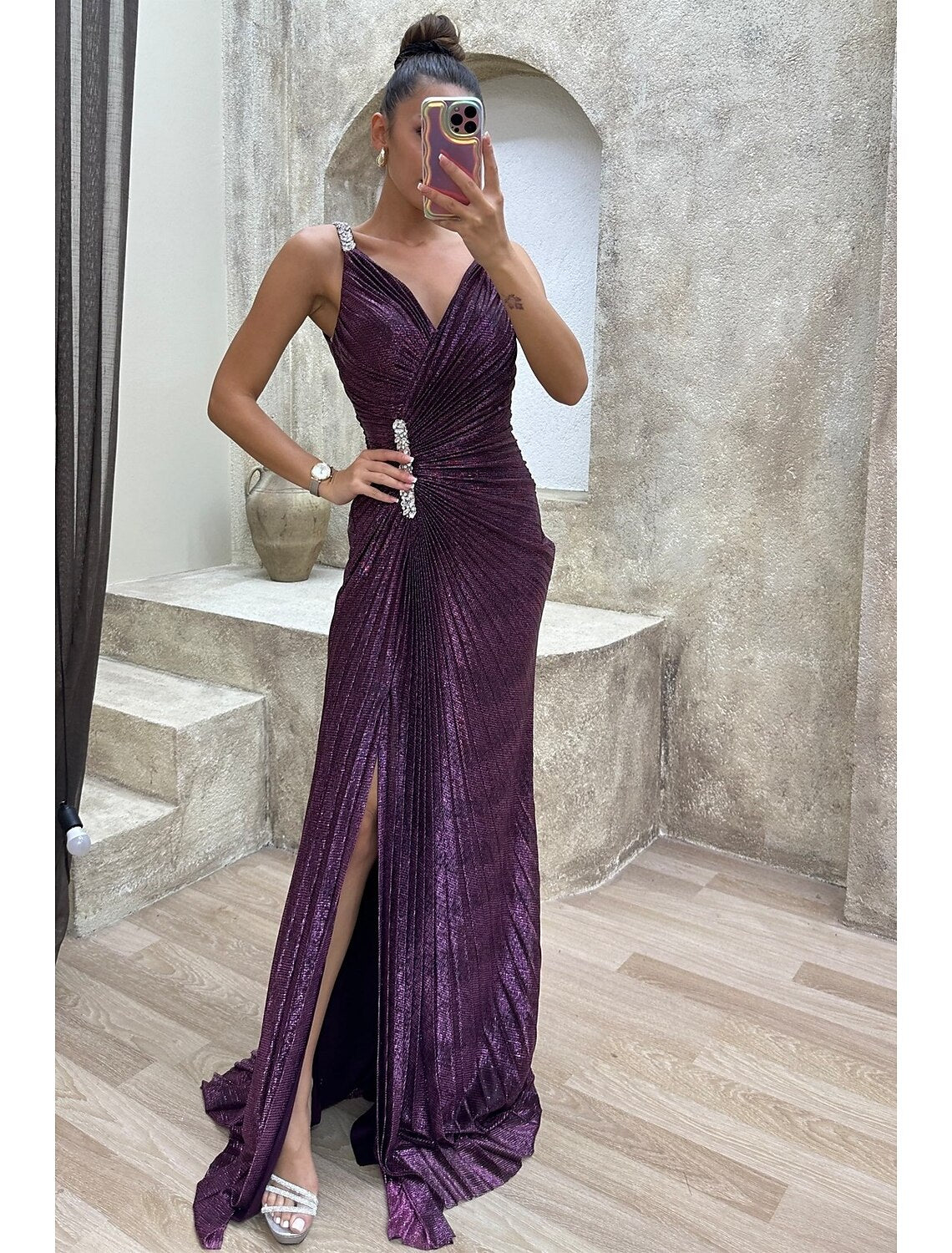 Wholesa  Mermaid / Trumpet Prom Dresses Sparkle Dress Formal Evening Party Sweep / Brush Train Sleeveless V Neck Spandex with Rhinestone Pleats Slit