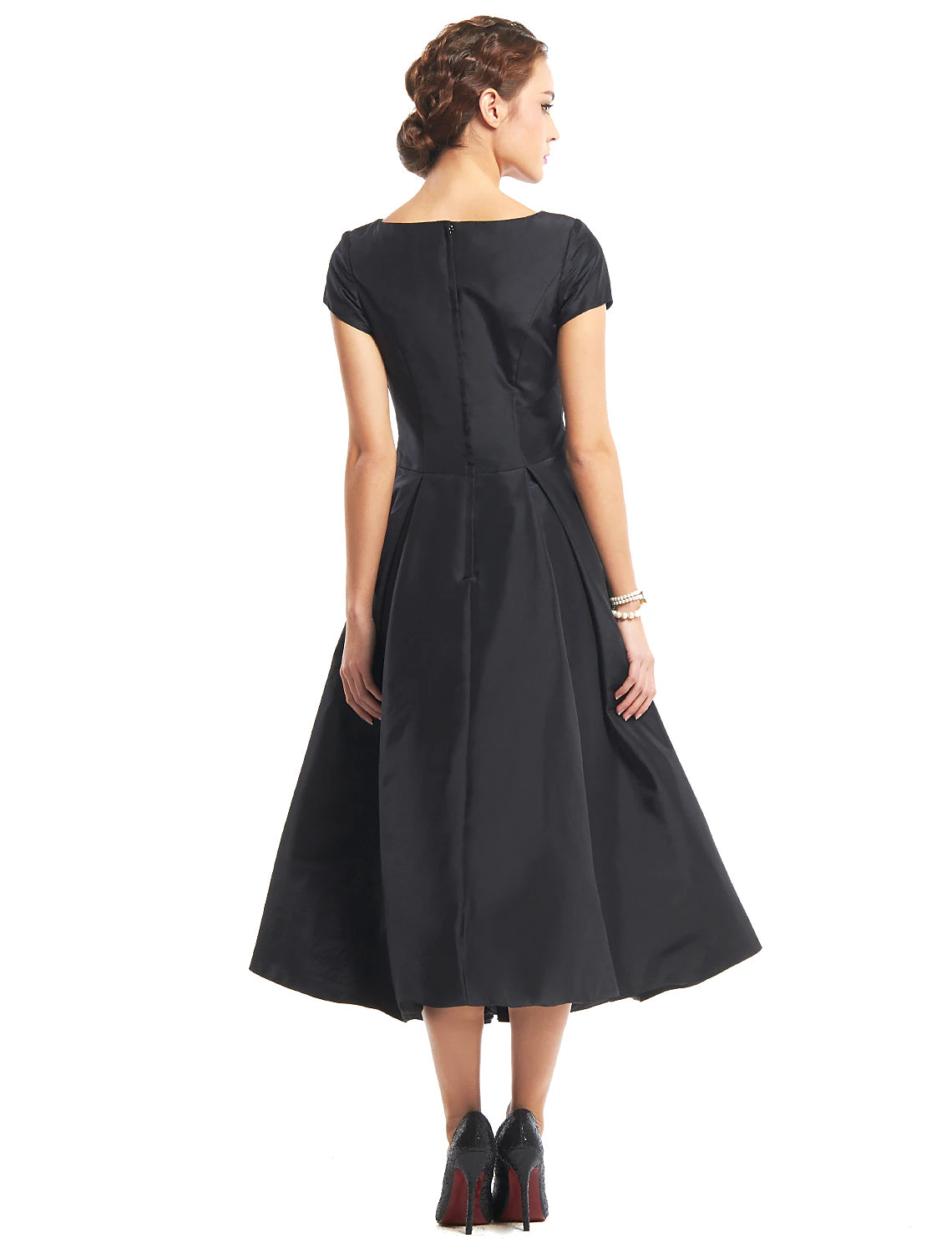 Wholesa  A-Line Black Dress Vintage Homecoming Wedding Guest Tea Length Short Sleeve Boat Neck Taffeta with Buttons