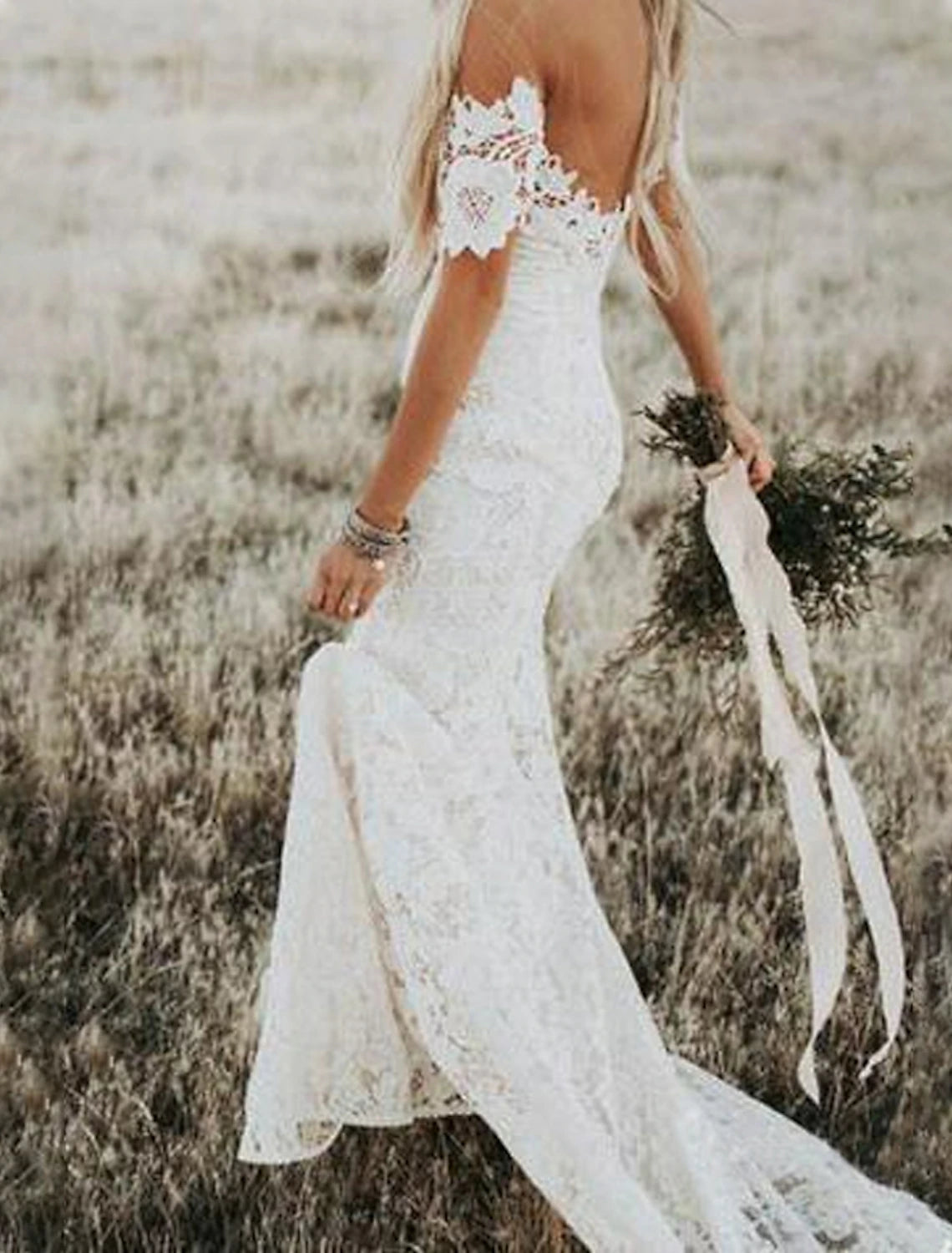wholesale   Beach Boho Wedding Dresses Mermaid / Trumpet Off Shoulder Cap Sleeve Chapel Train Lace Bridal Gowns With Appliques Solid Color