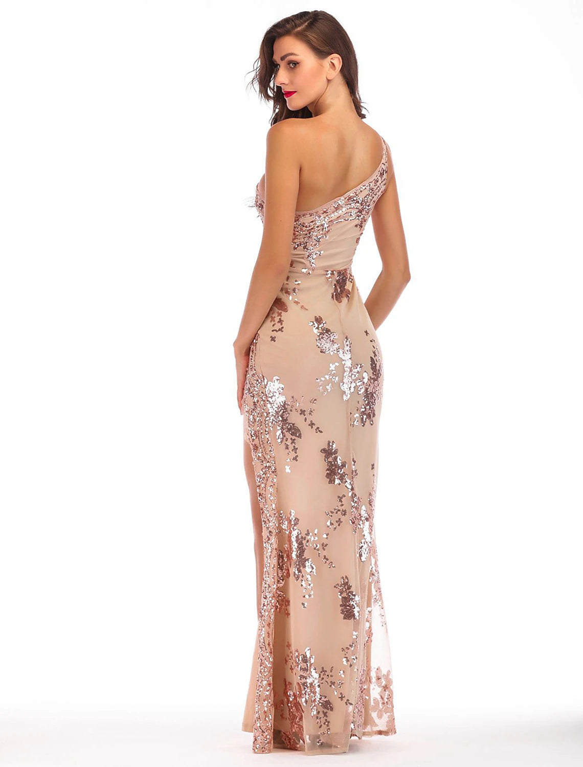 Wholesa Sheath / Column Evening Gown Vintage Dress Holiday Party Wear Floor Length Sleeveless One Shoulder Cotton Blend Backless with Sequin Splicing