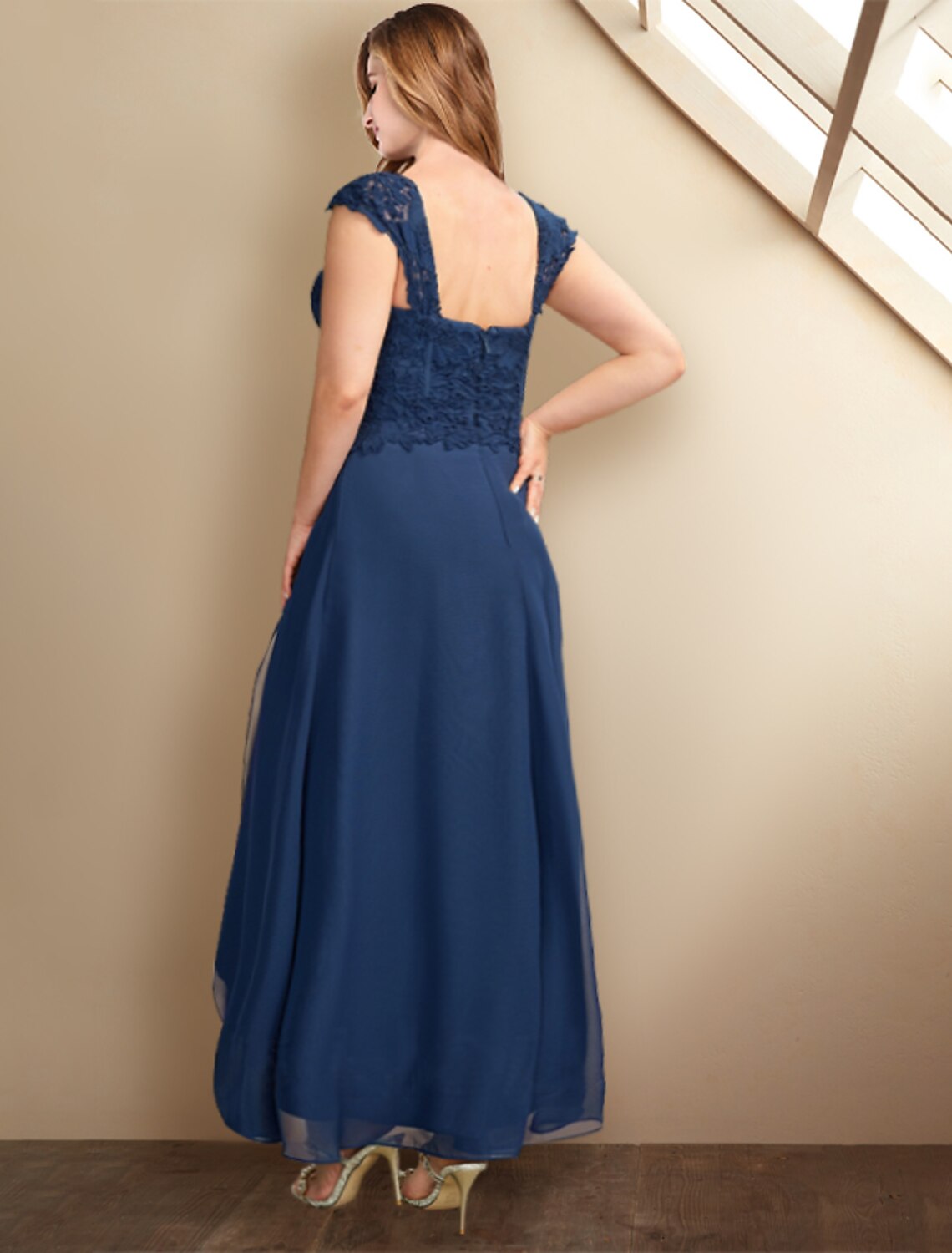 wholesale  Two Piece A-Line Mother of the Bride Dresses Plus Size Hide Belly Curve Elegant Dress Formal Asymmetrical Half Sleeve Square Neck Chiffon with Pleats Appliques