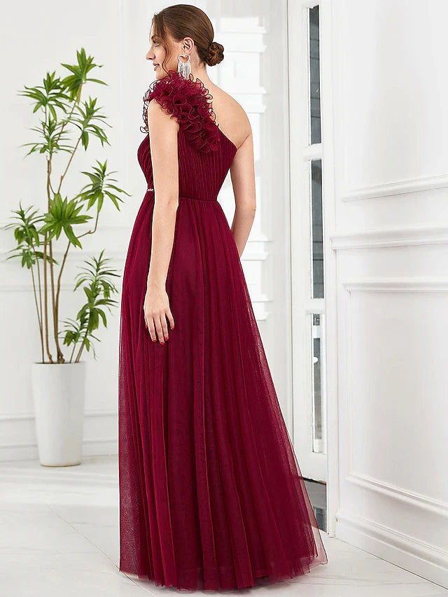 Wholesa A-Line Prom Dresses Vintage Dress Wedding Party Floor Length Sleeveless One Shoulder Tulle with Appliques