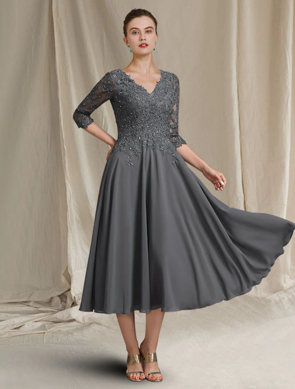 wholesale  A-Line Mother of the Bride Dress Plus Size Elegant V Neck Tea Length Chiffon Lace 3/4 Length Sleeve with Pleats Beading Appliques