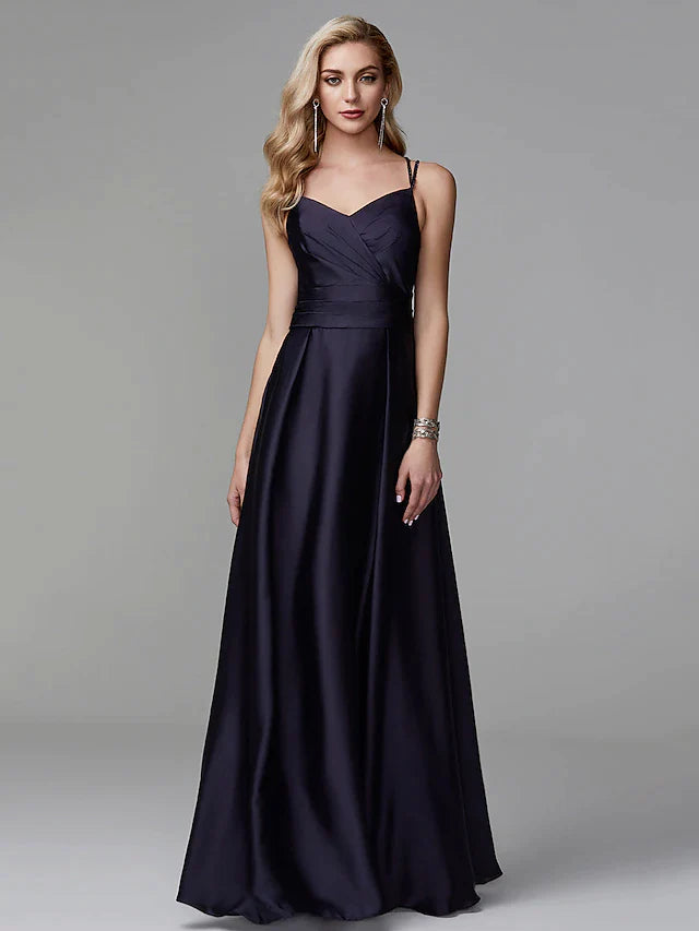 Wholesa A-Line Prom Dresses Beautiful Back Dress Evening Party Floor Length Sleeveless Spaghetti Strap Satin Crisscross Back with Beading Side Draping