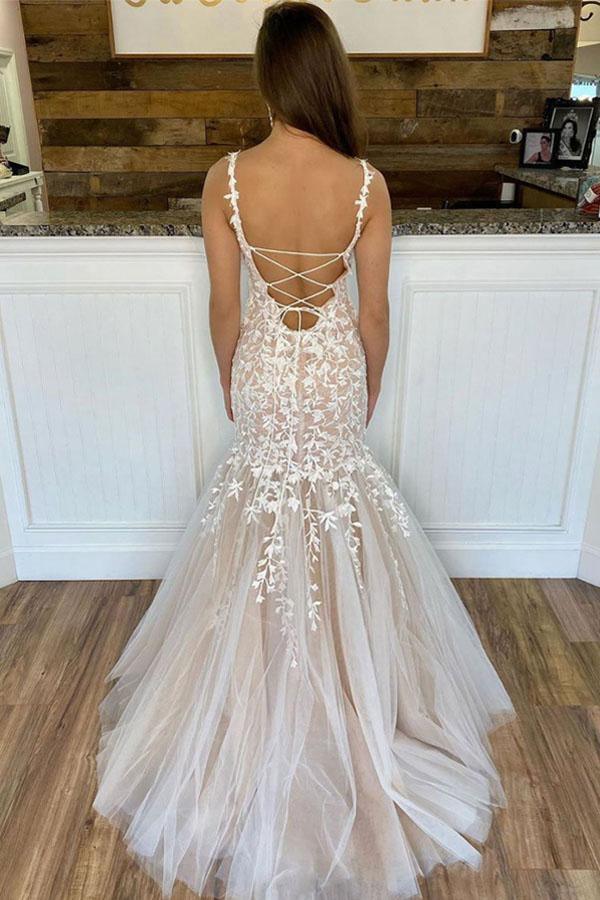 Wholesa Mermaid Champagne Tulle Lace Long Prom Dresses Evening Dresses