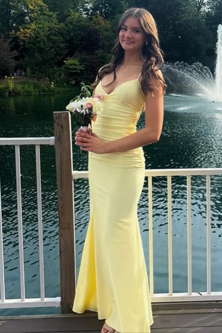 Charming Ruched Lace-Up Back Mermaid Yellow Prom Dress