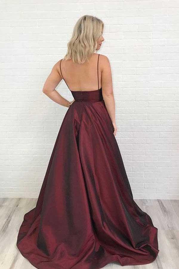 Wholesa A-line Charming V Neck Satin Burgundy Prom Dress