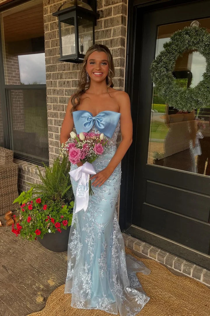 Charming Strapless Bow-Front Corset Lace Mermaid Prom Dress